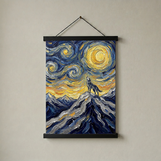 Lone Wolf Howling Mountain Peak Print — Van Gogh Starry Night Wall Art
