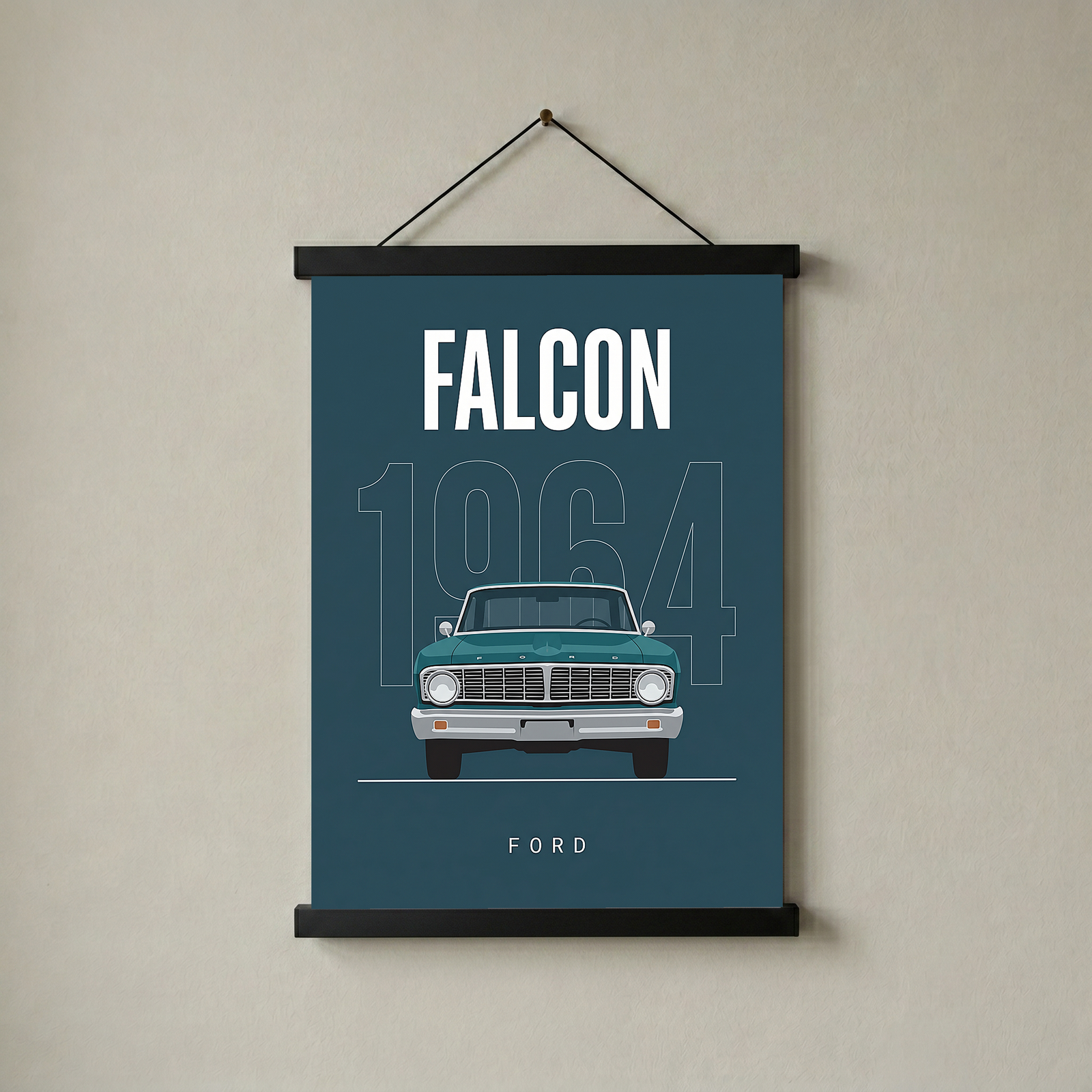 Ford Falcon 1964 Minimalist Poster — Teal Compact Muscle Line Art