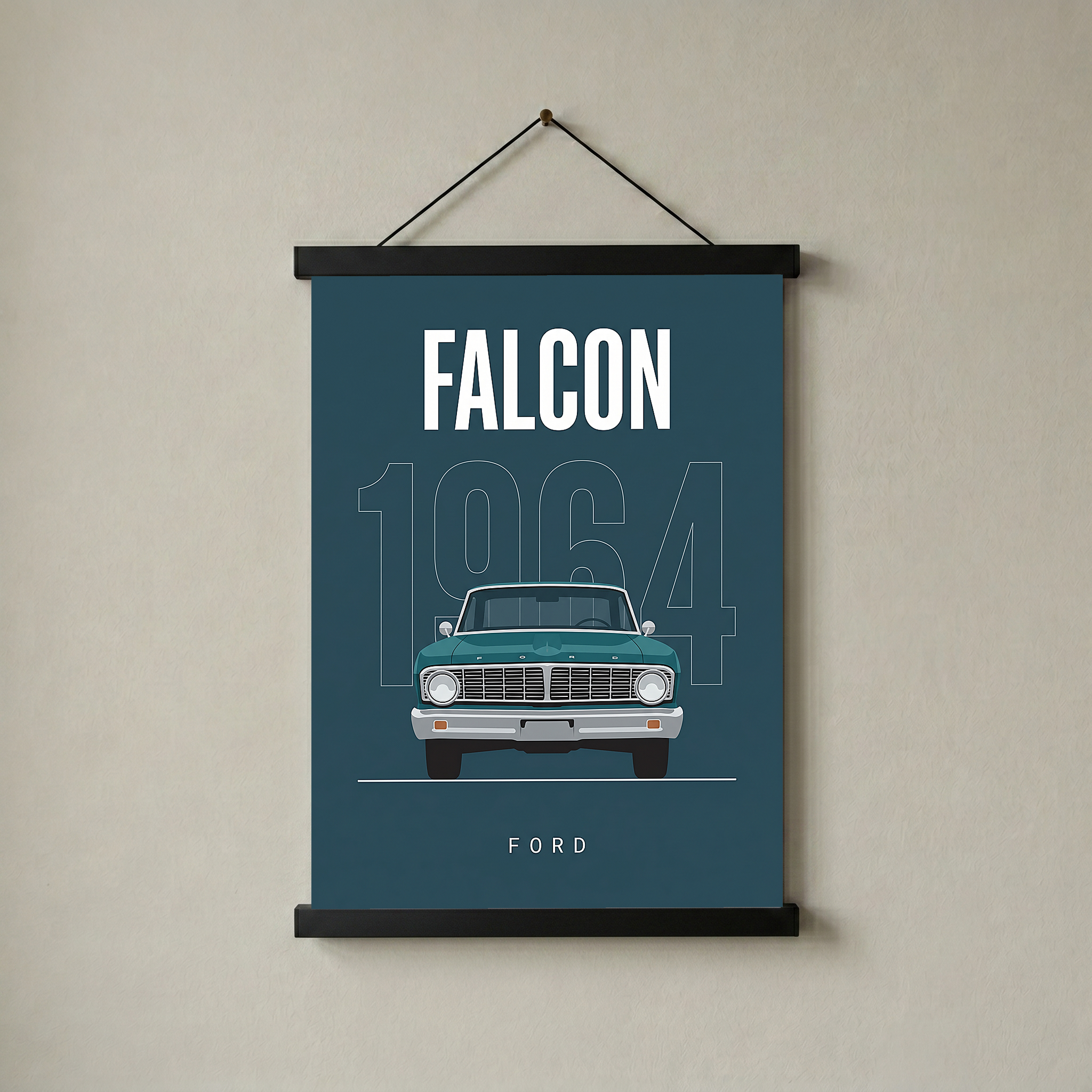 Ford Falcon 1964 Minimalist Poster — Teal Compact Muscle Line Art