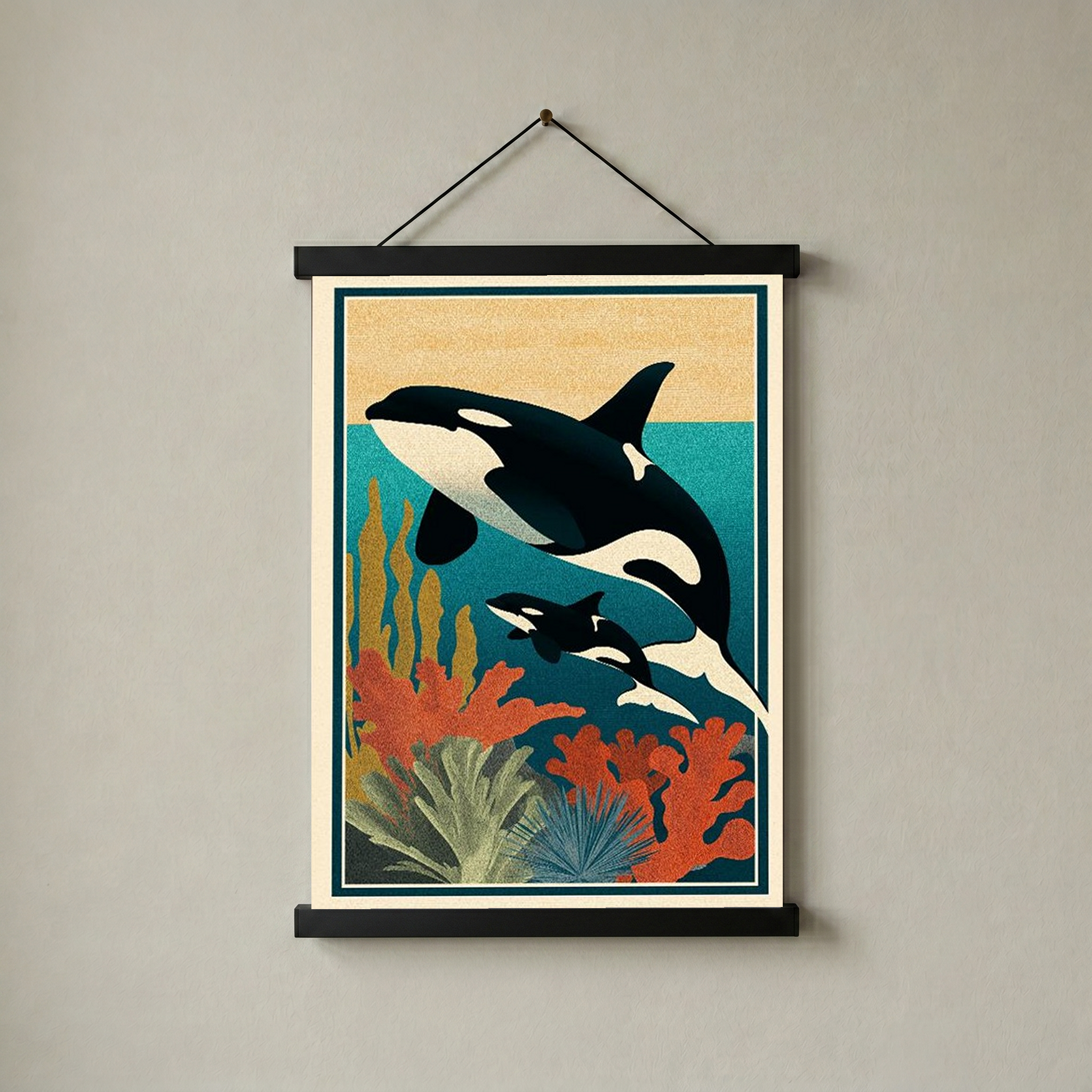 Orca Mother & Calf Ocean Reef Poster - Coastal Wildlife Wall Art