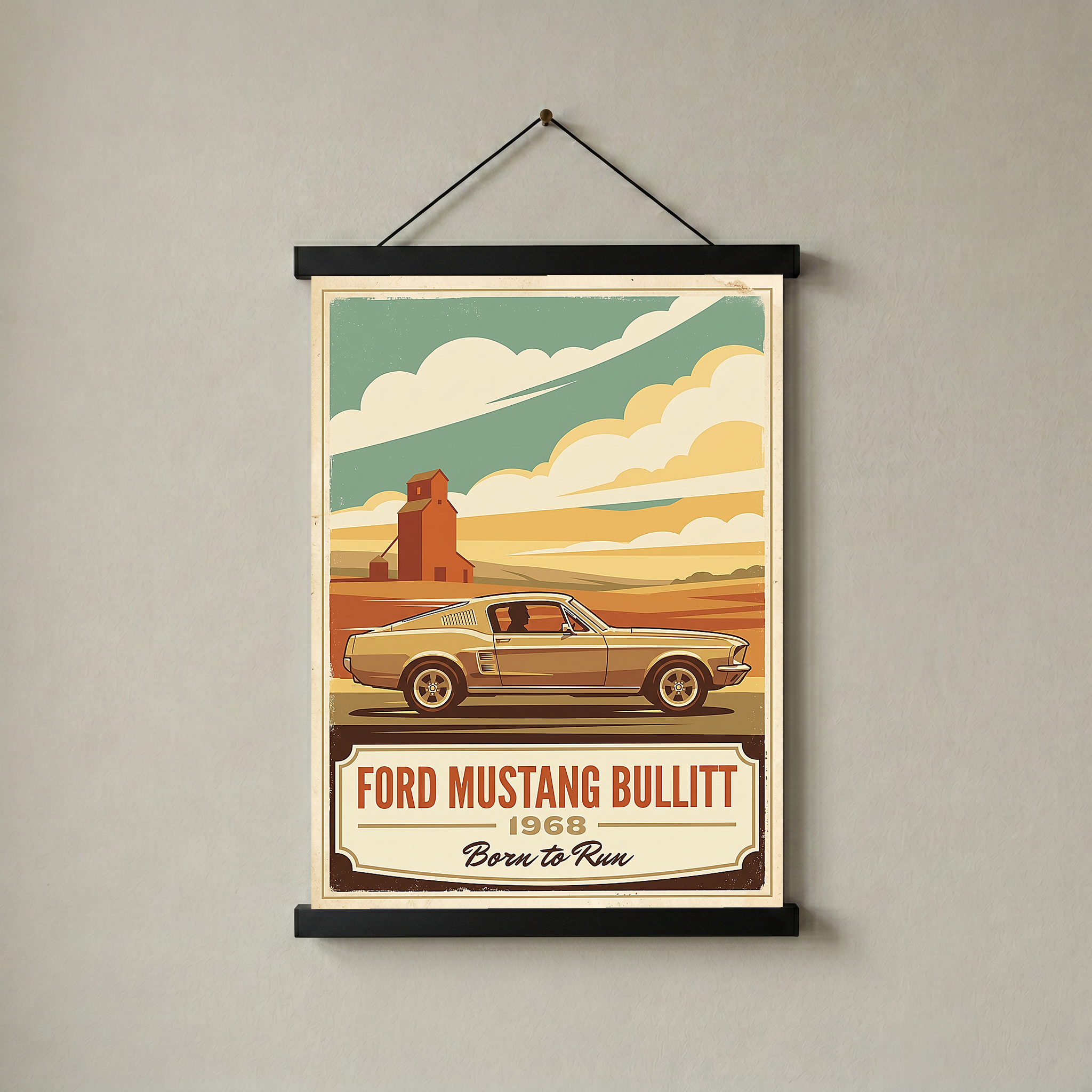 Ford Mustang Bullitt 1968 V2 Poster — Vintage Muscle Country Silo Print