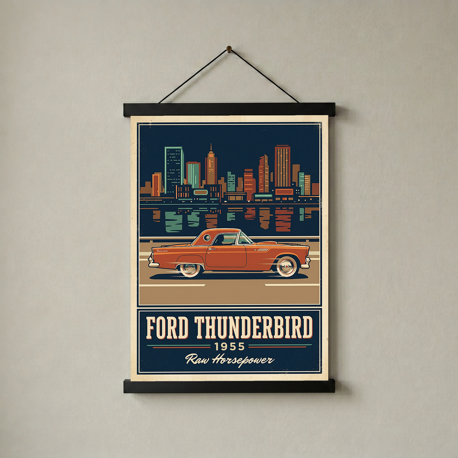 Ford Thunderbird 1955 Poster — Vintage Two-Seater Convertible City Skyline Print