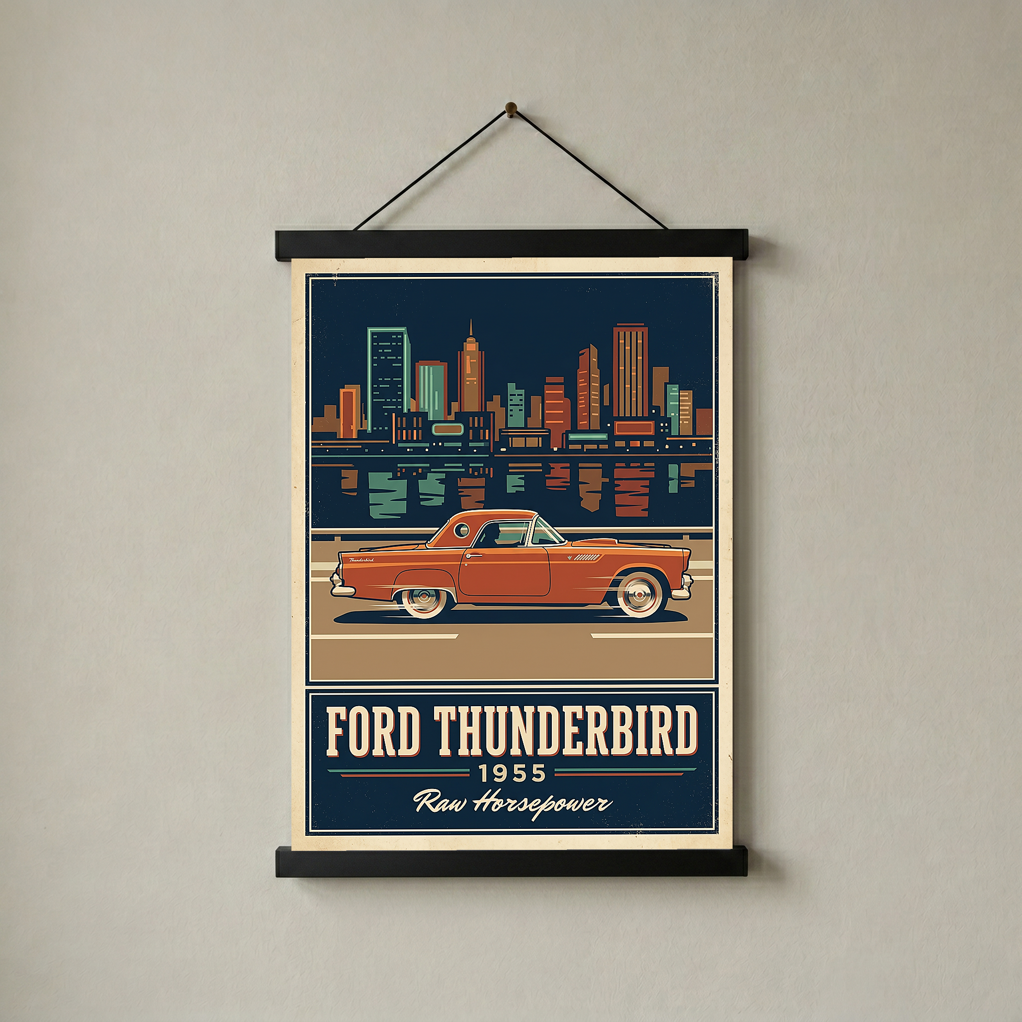 Ford Thunderbird 1955 Poster — Vintage Two-Seater Convertible City Skyline Print