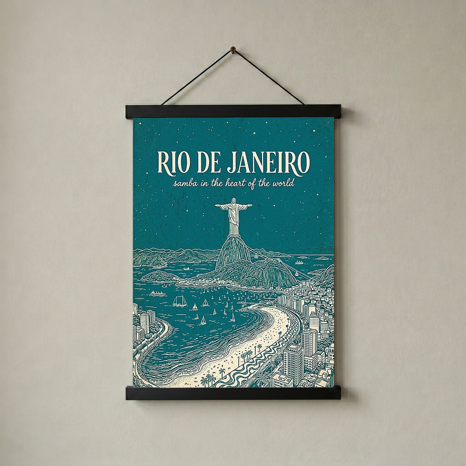 Rio de Janeiro Line Art Print — Teal Christ the Redeemer Copacabana Wall Art