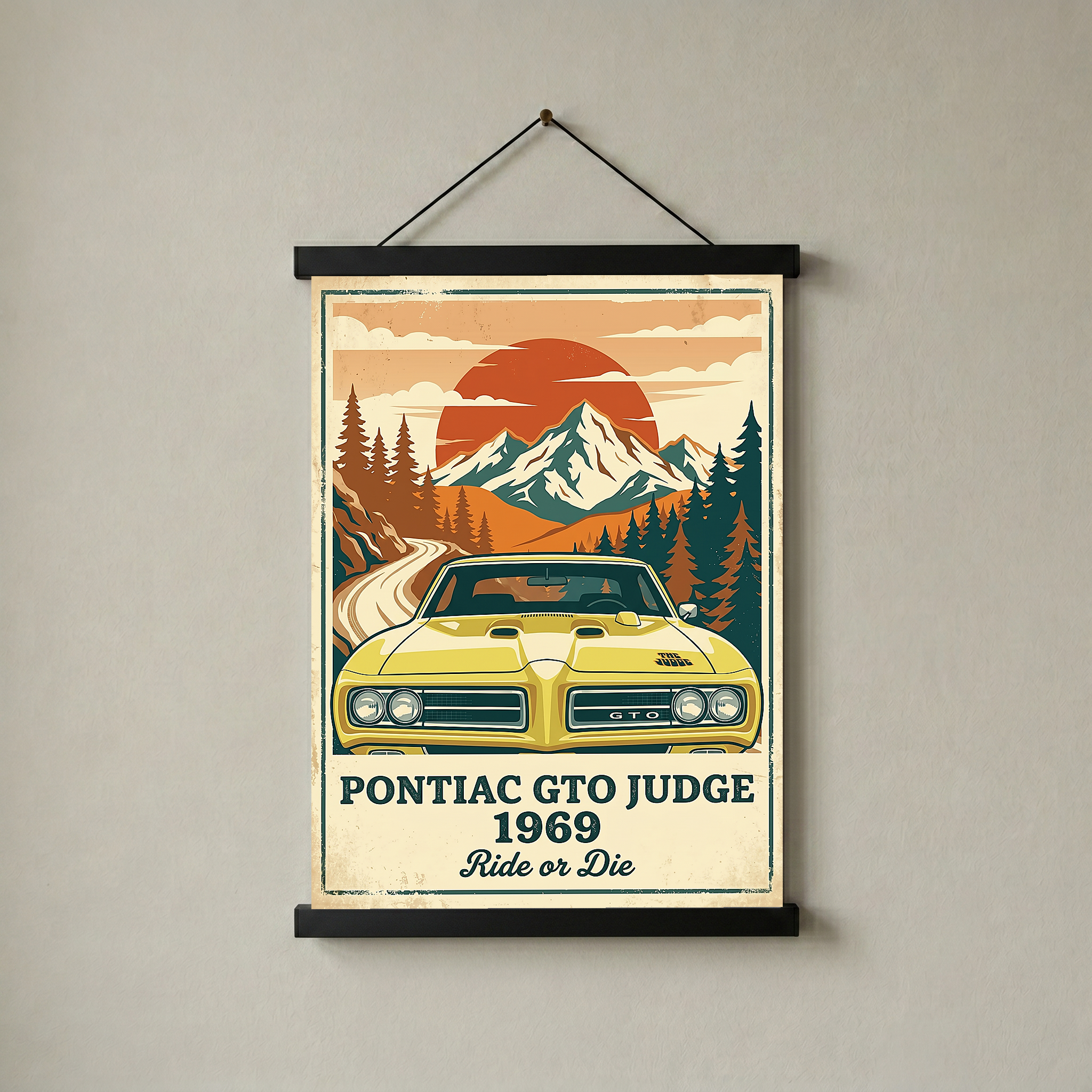 Pontiac GTO Judge 1969 Poster — Vintage Muscle Car Mountain Sunset Print
