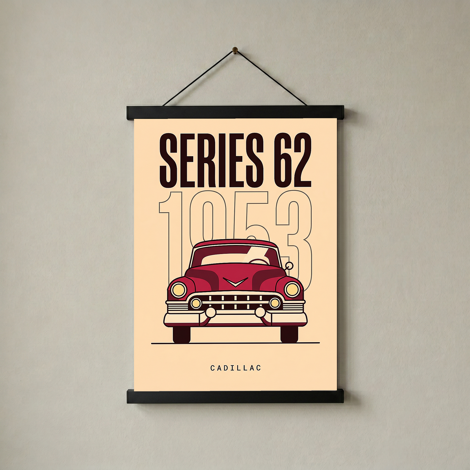 Cadillac Series 62 1953 Minimalist Poster — Cream Classic Car Line Art