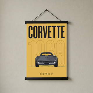 Chevrolet Corvette 1969 V2 Yellow Minimalist Poster — Muscle Car Line Art