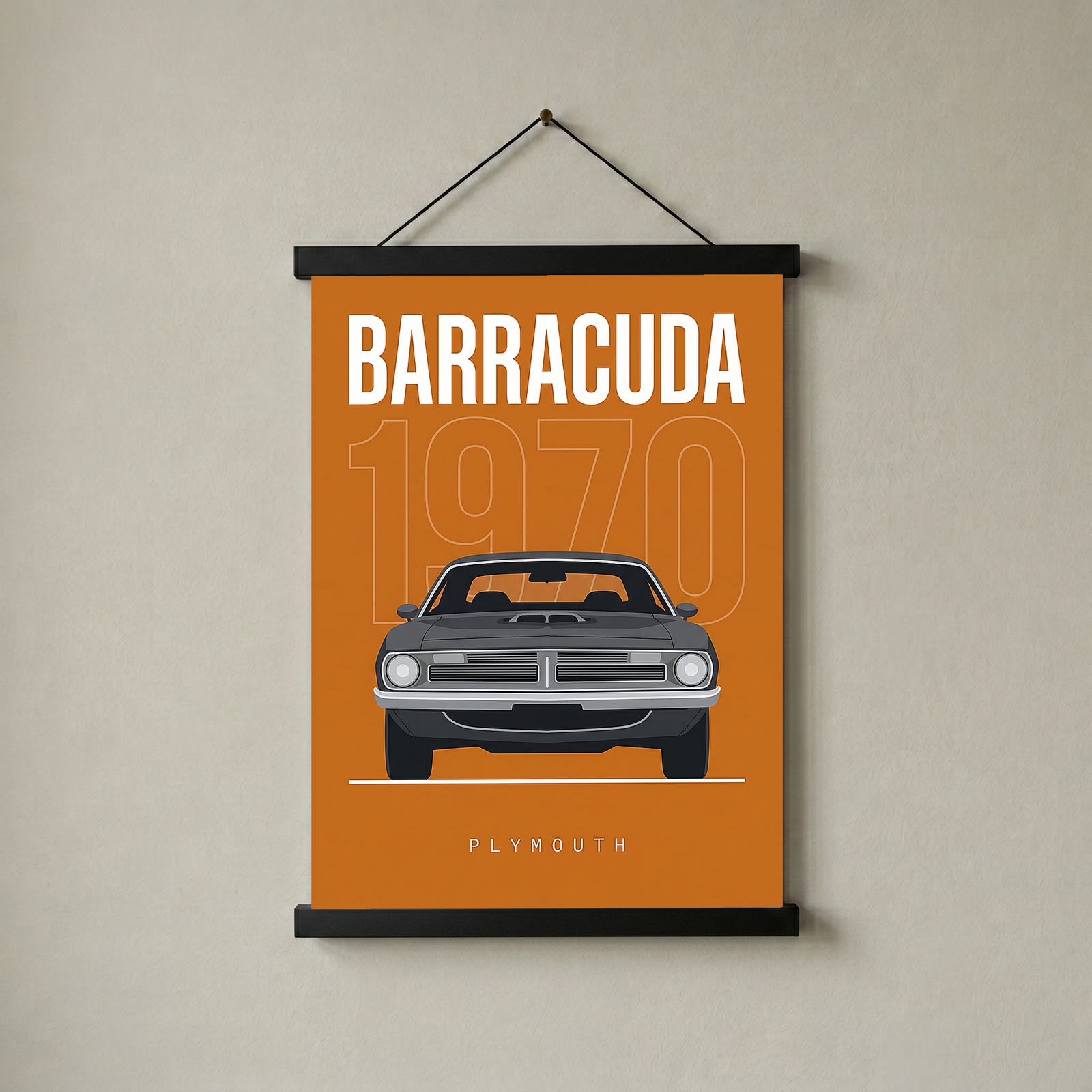 Plymouth Barracuda 1970 Minimalist Poster — Orange Muscle Car Line Art