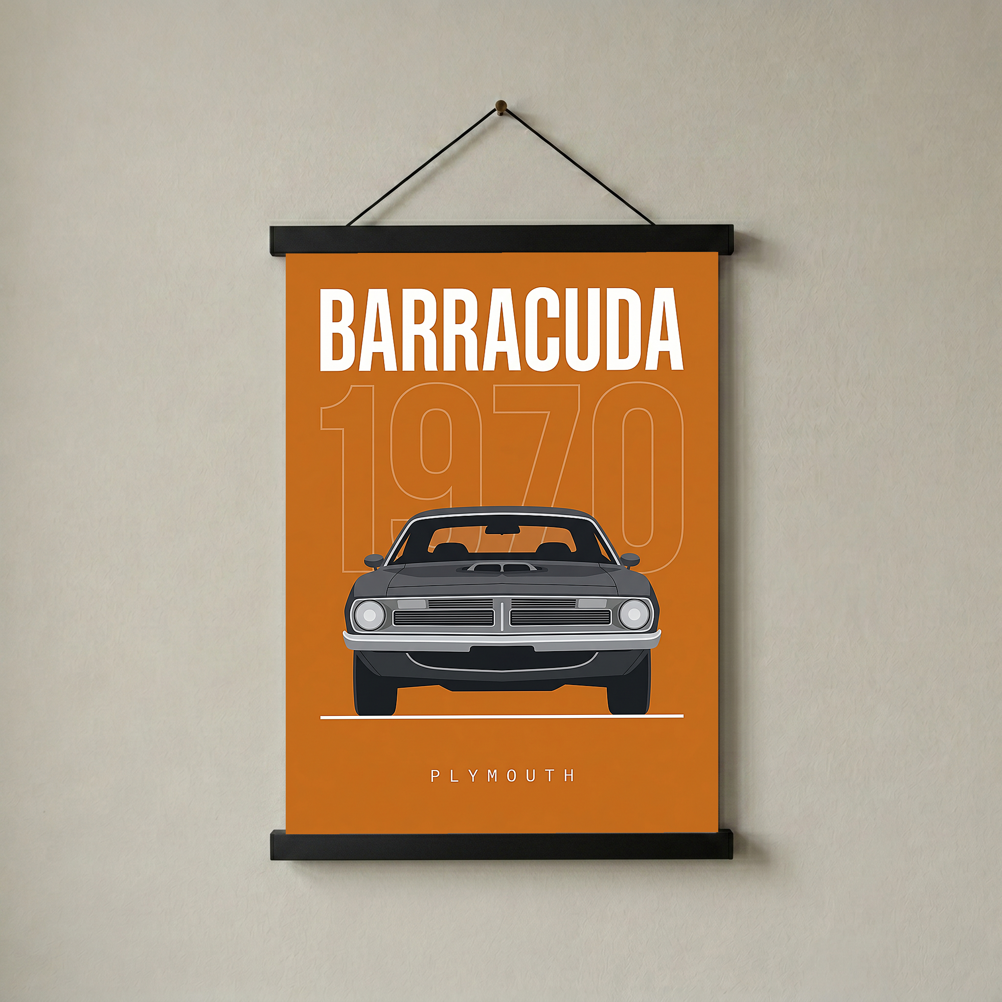 Plymouth Barracuda 1970 Minimalist Poster — Orange Muscle Car Line Art