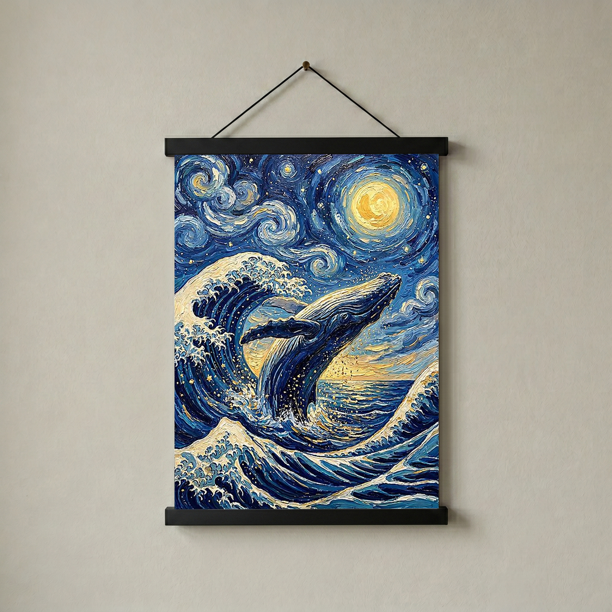 Breaching Whale Starry Night Print — Van Gogh-Style Ocean Humpback Wall Art