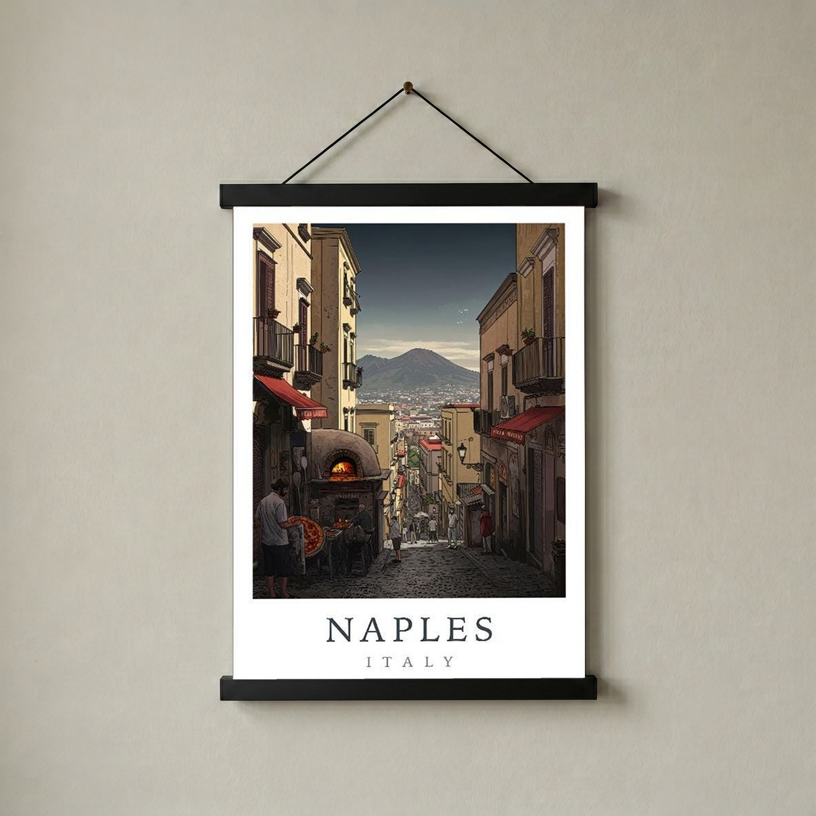 Naples Italy Travel Poster — Vesuvius Pizza Street Scene Print