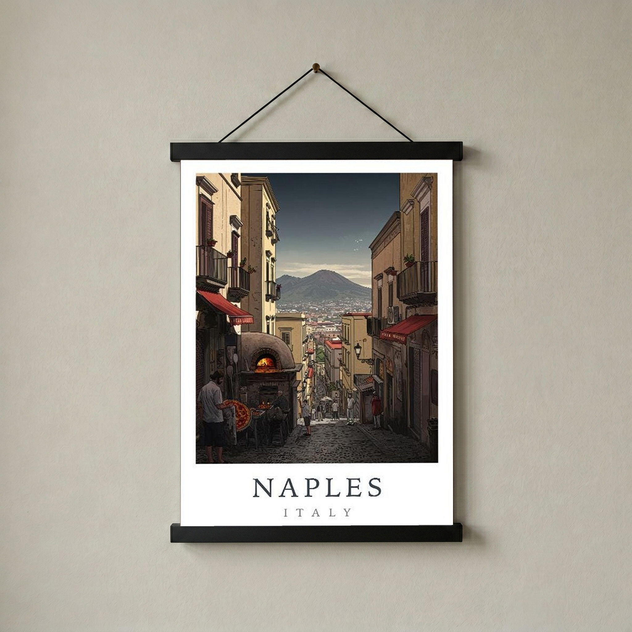 Naples Italy Travel Poster — Vesuvius Pizza Street Scene Print
