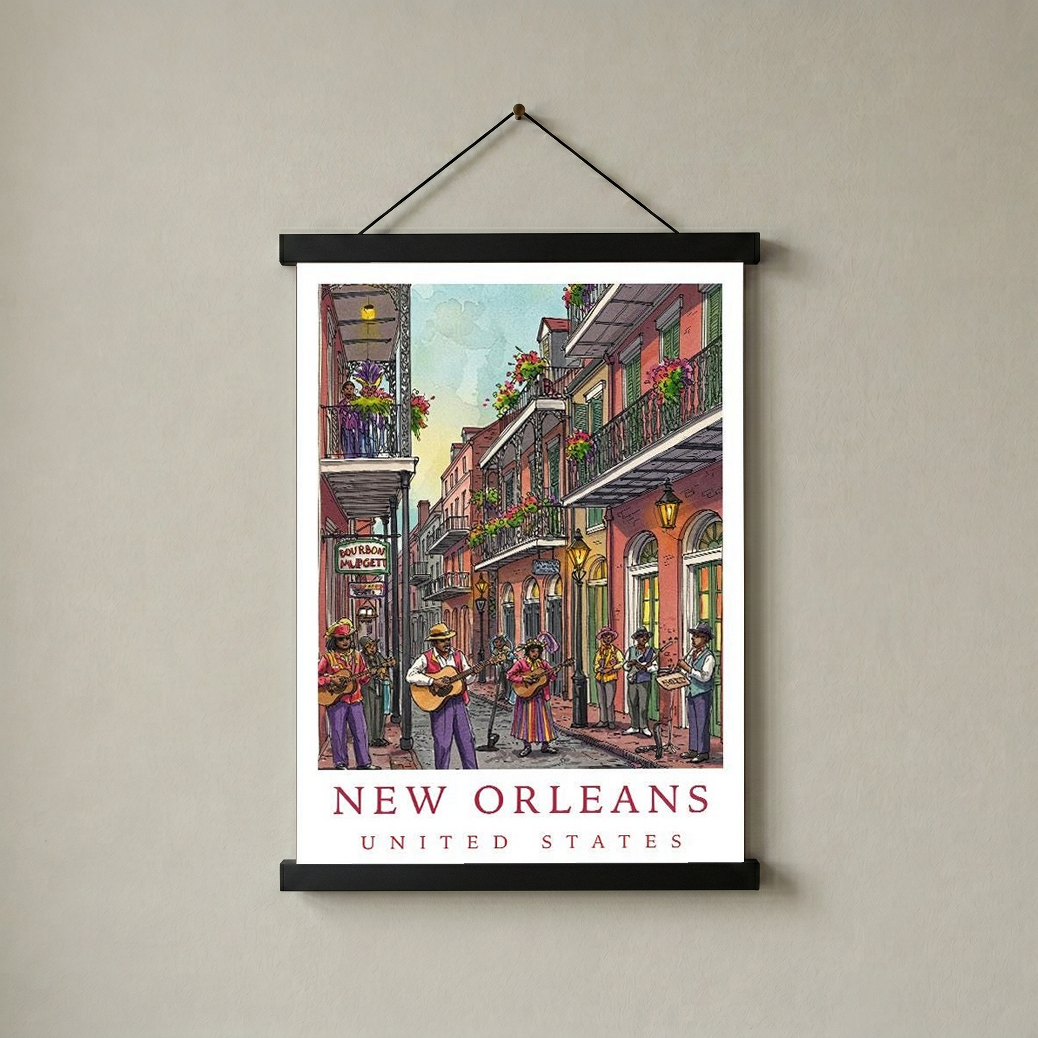 New Orleans Travel Poster — French Quarter Jazz Buskers Street Print