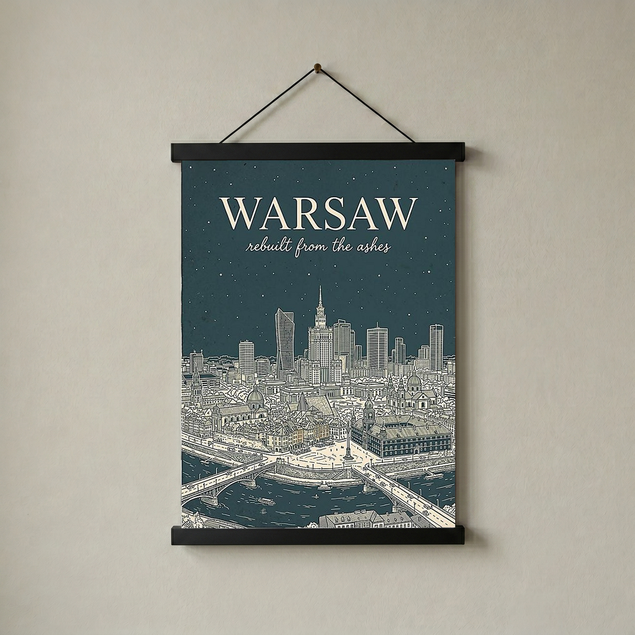 Warsaw Line Art Print — Slate Old Town Palace of Culture Skyline Wall Art