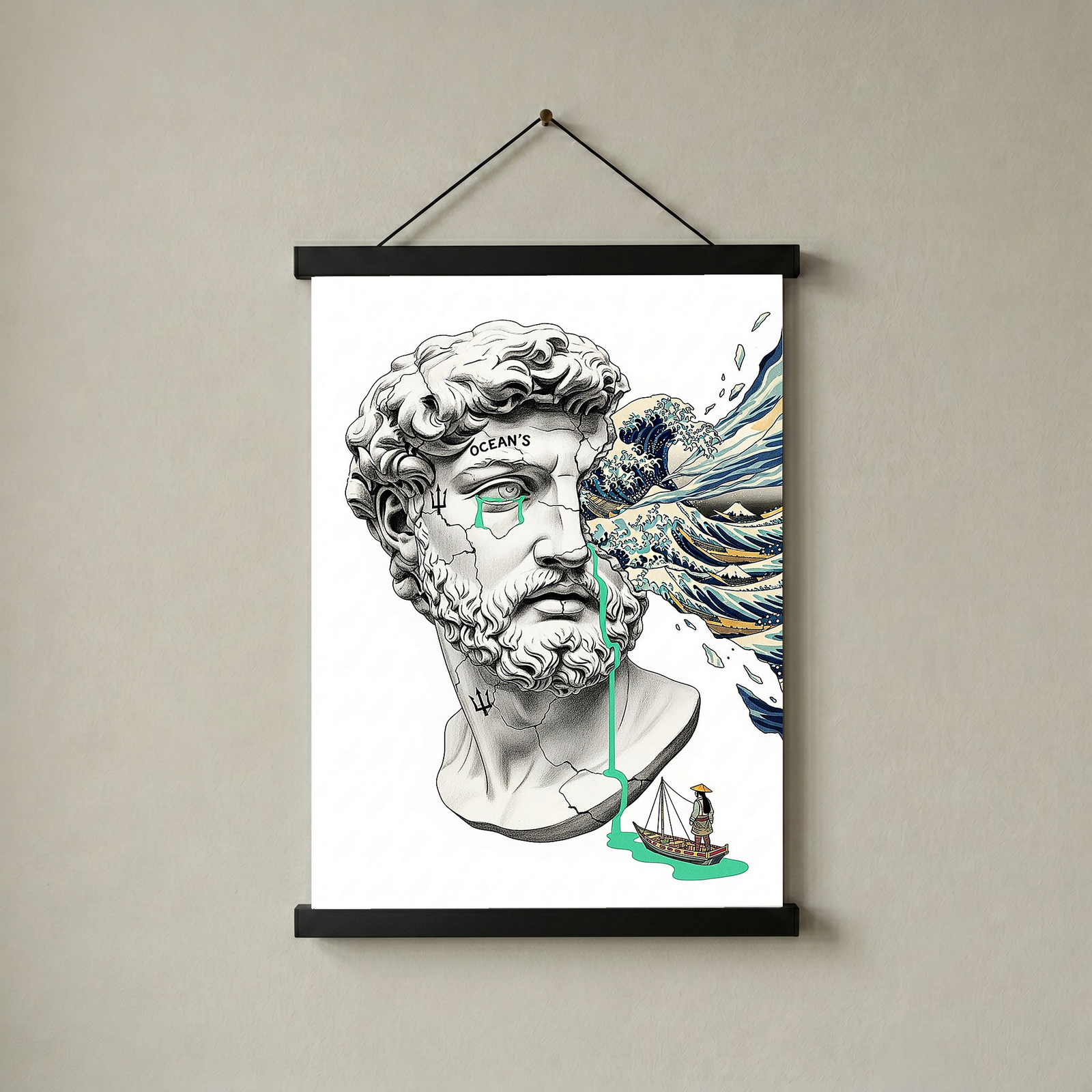 Ocean's Hokusai — Surreal Poseidon Bust Wall Art Print