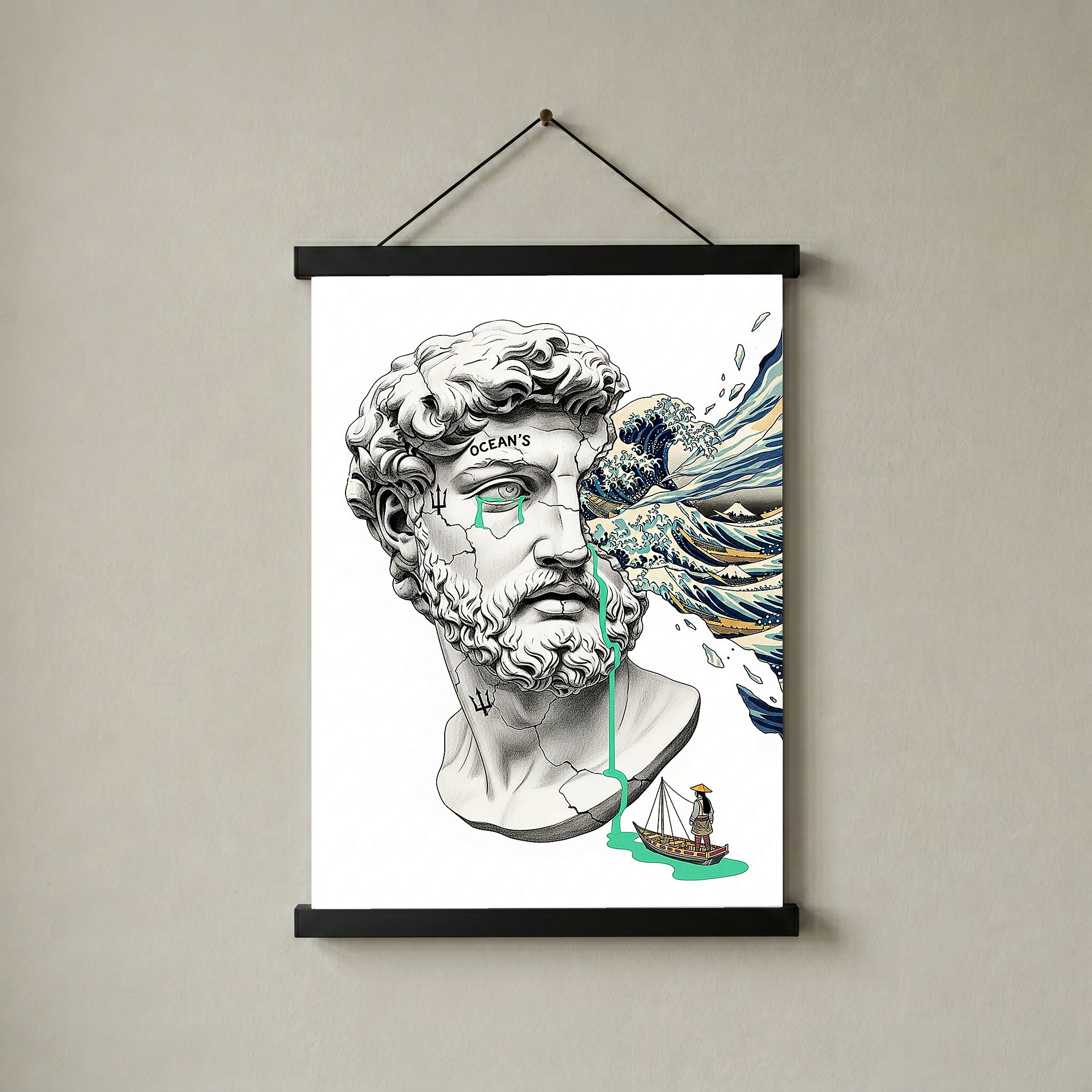 Ocean's Hokusai — Surreal Poseidon Bust Wall Art Print