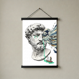 Ocean's Hokusai — Surreal Poseidon Bust Wall Art Print