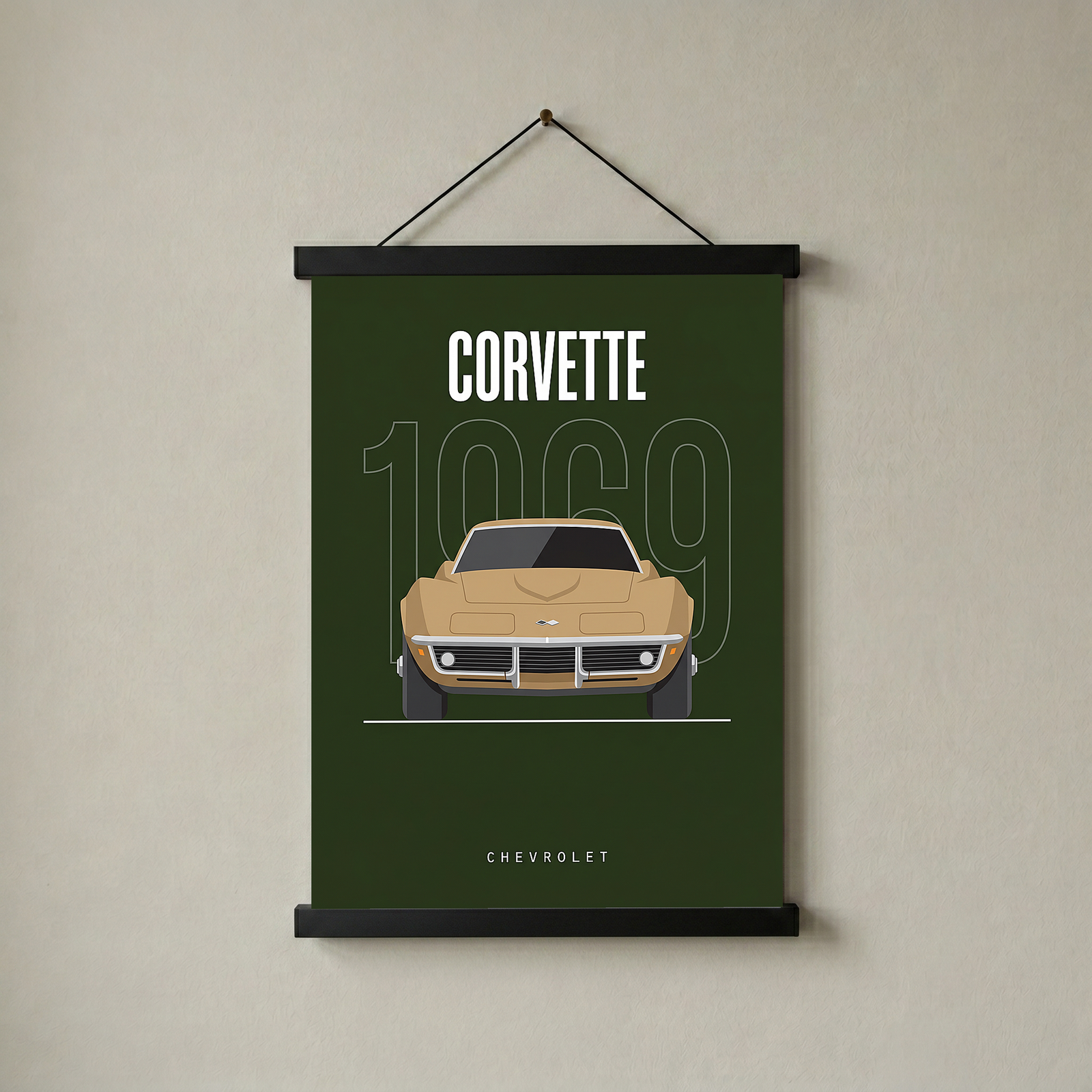 Chevrolet Corvette 1969 Minimalist Poster — Forest Green Muscle Car Line Art