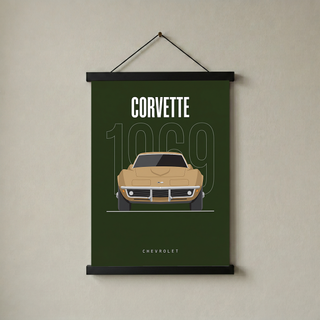 Chevrolet Corvette 1969 Minimalist Poster — Forest Green Muscle Car Line Art