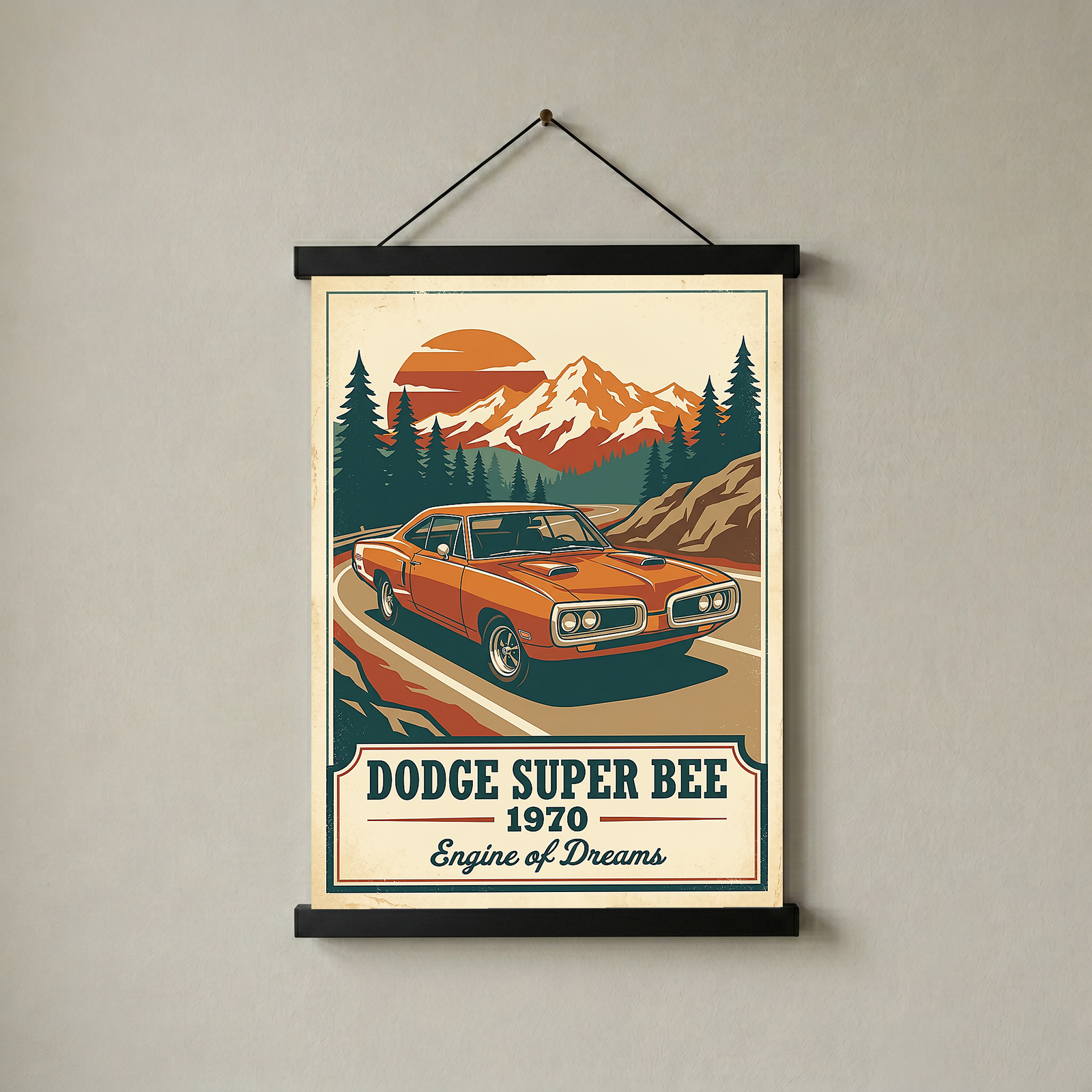 Dodge Super Bee 1970 V2 Poster — Vintage Muscle Mountain Pine Sunset Print