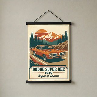 Dodge Super Bee 1970 V2 Poster — Vintage Muscle Mountain Pine Sunset Print