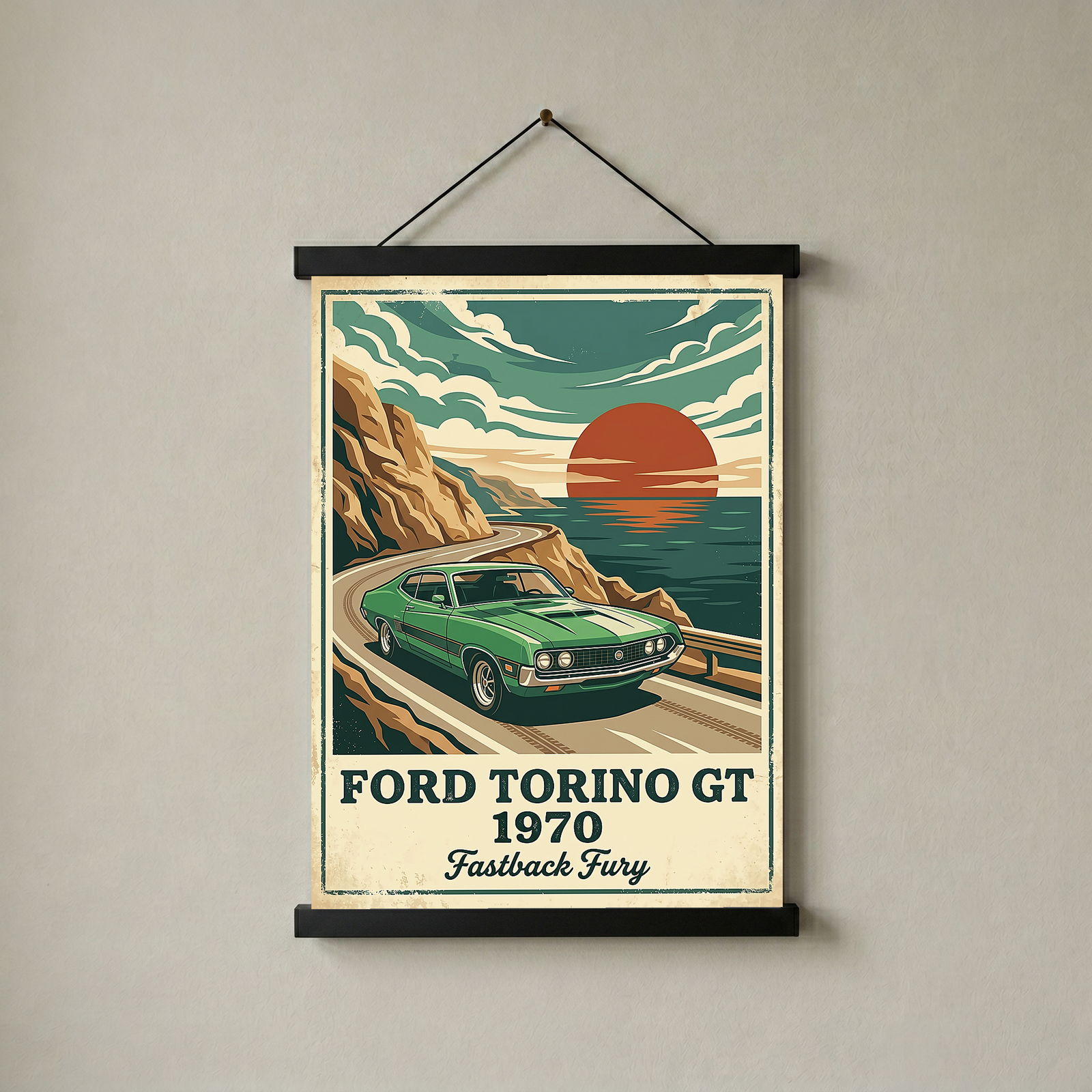 Ford Torino GT 1970 Poster — Vintage Muscle Car Coastal Cliff Sunset Print