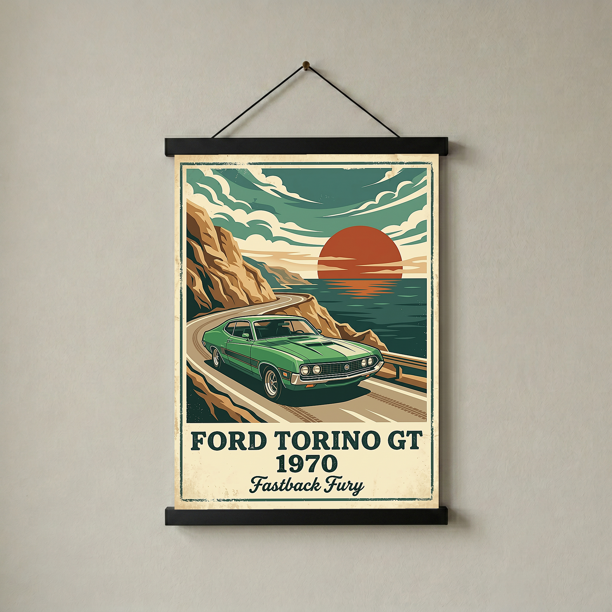 Ford Torino GT 1970 Poster — Vintage Muscle Car Coastal Cliff Sunset Print