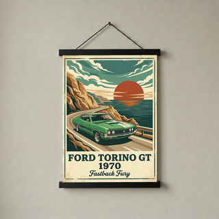 Ford Torino GT 1970 Poster — Vintage Muscle Car Coastal Cliff Sunset Print