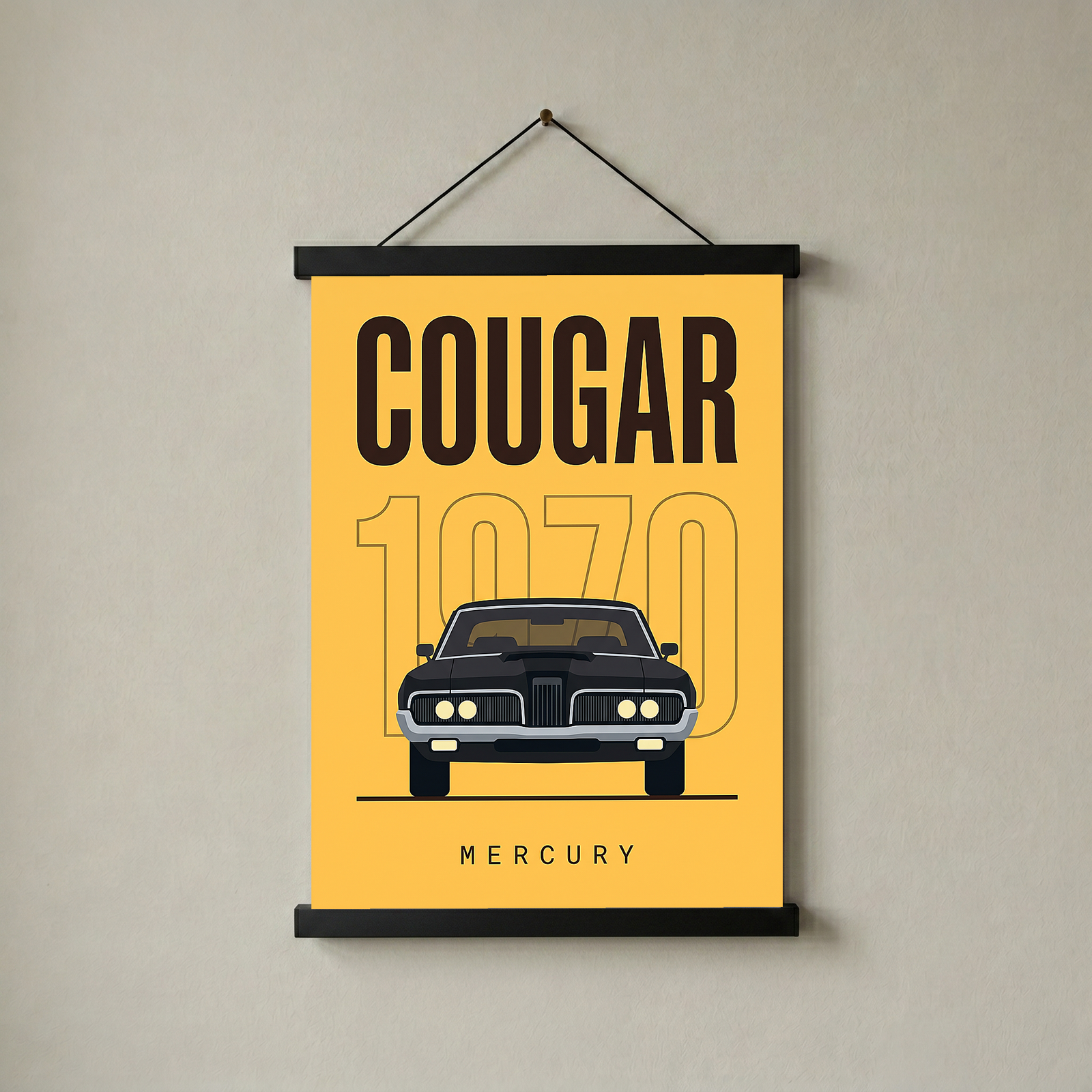 Mercury Cougar 1970 Minimalist Poster — Golden Yellow Muscle Car Line Art