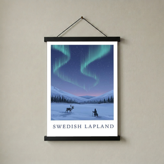 Swedish Lapland Travel Poster — Northern Lights Reindeer Sami Print
