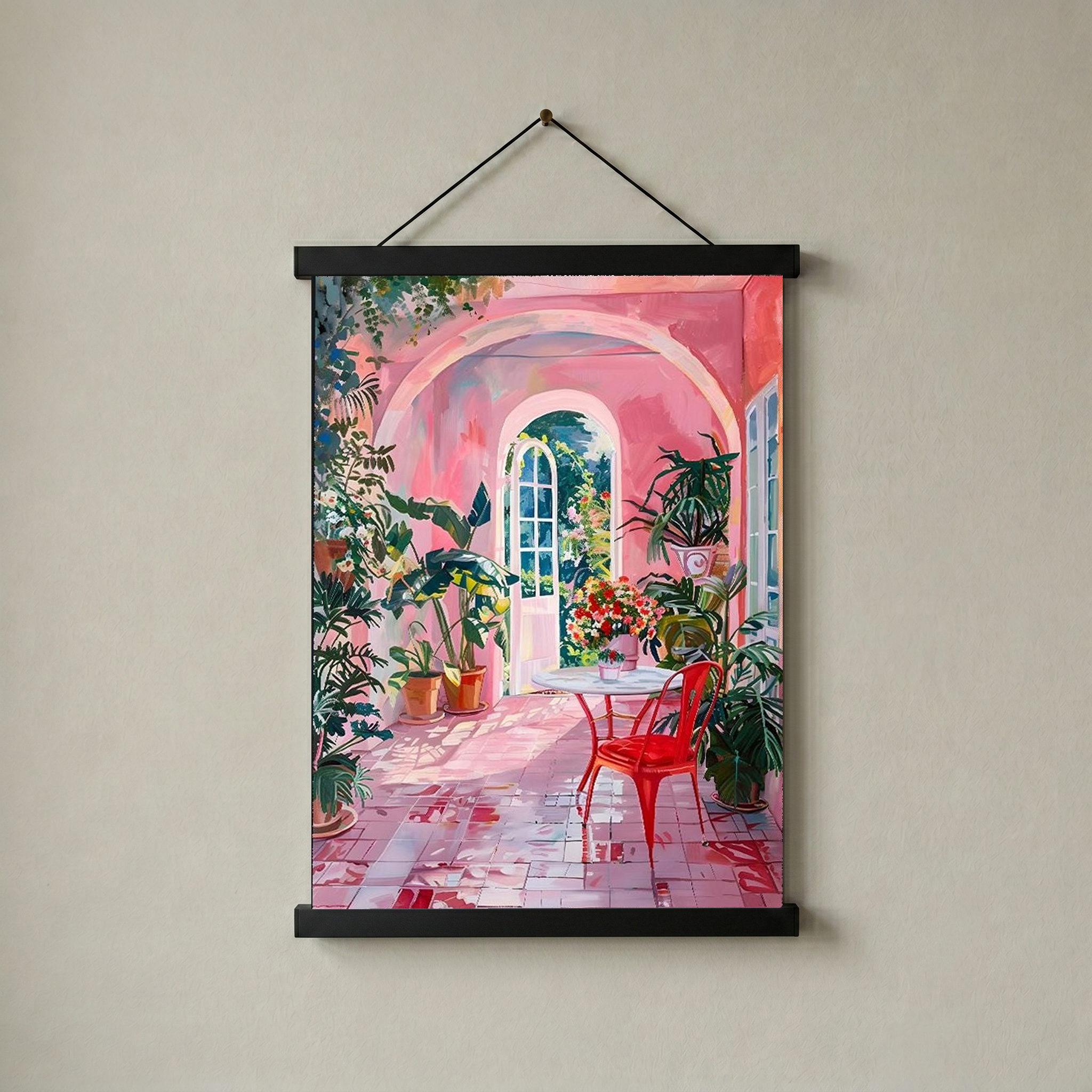 Pink Botanical Archway Painting — Lush Indoor Garden Conservatory Poster