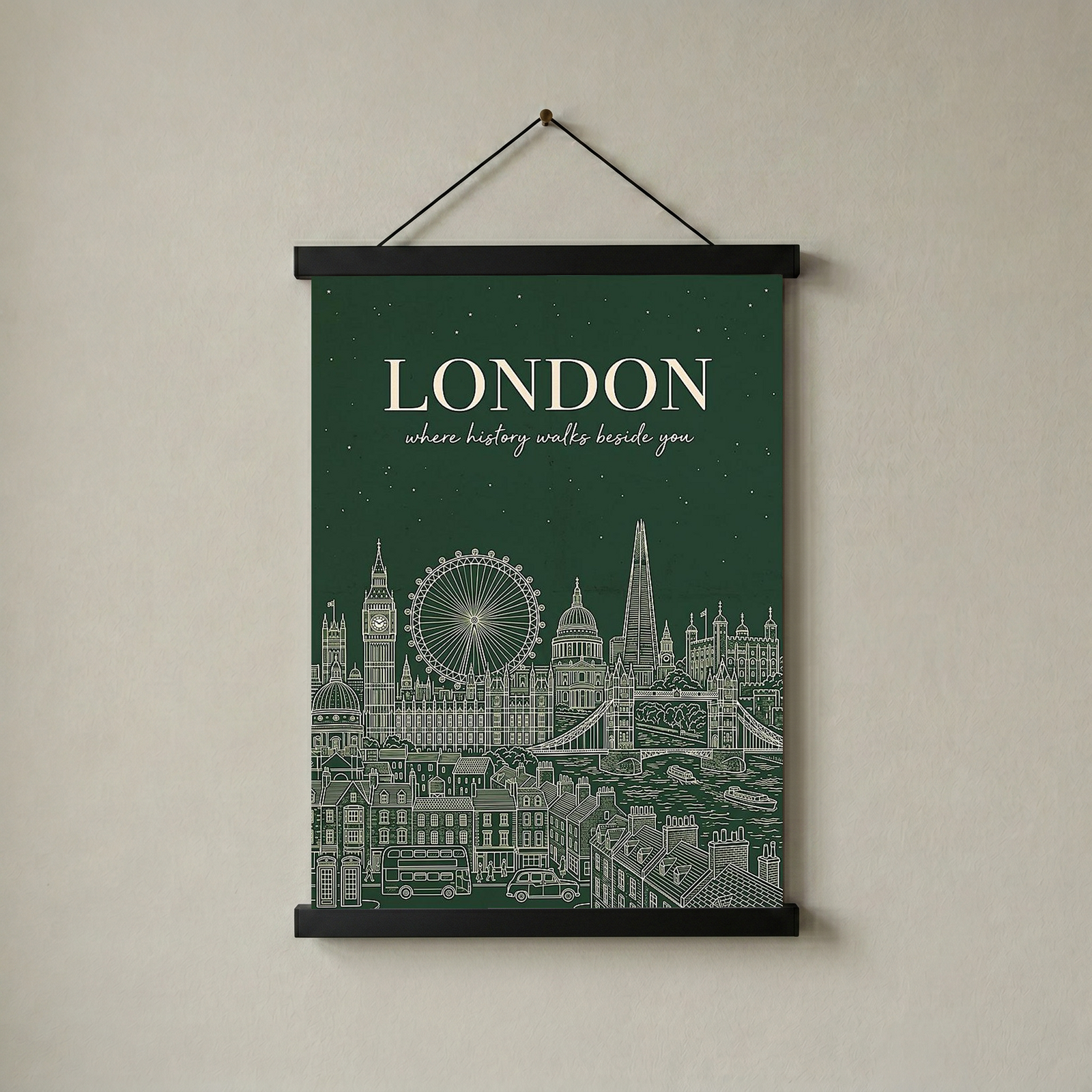 London Line Art Print — Forest Green Big Ben London Eye Skyline Wall Art