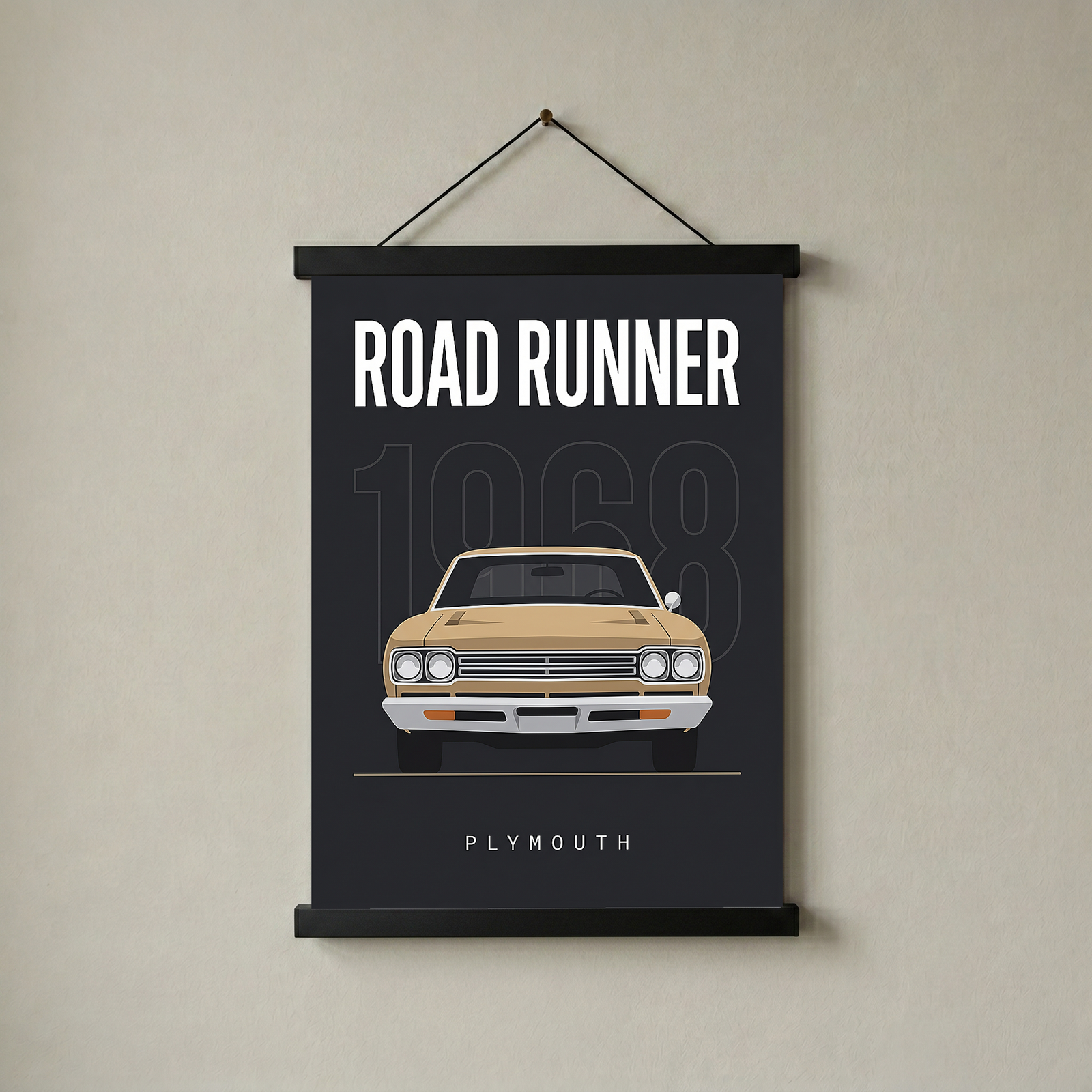 Plymouth Road Runner 1968 V2 Minimalist Poster — Sand on Charcoal Muscle Line Art