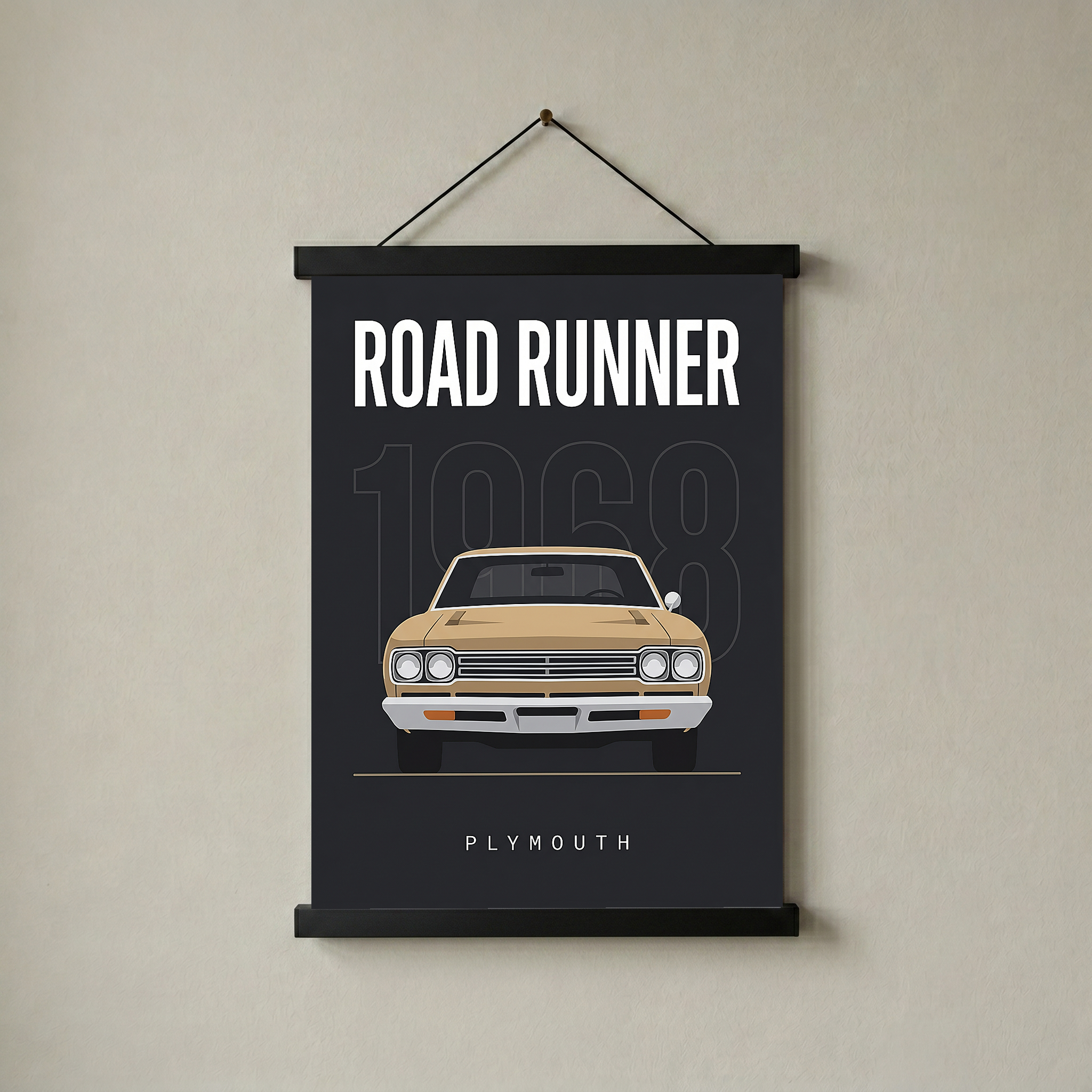 Plymouth Road Runner 1968 V2 Minimalist Poster — Sand on Charcoal Muscle Line Art