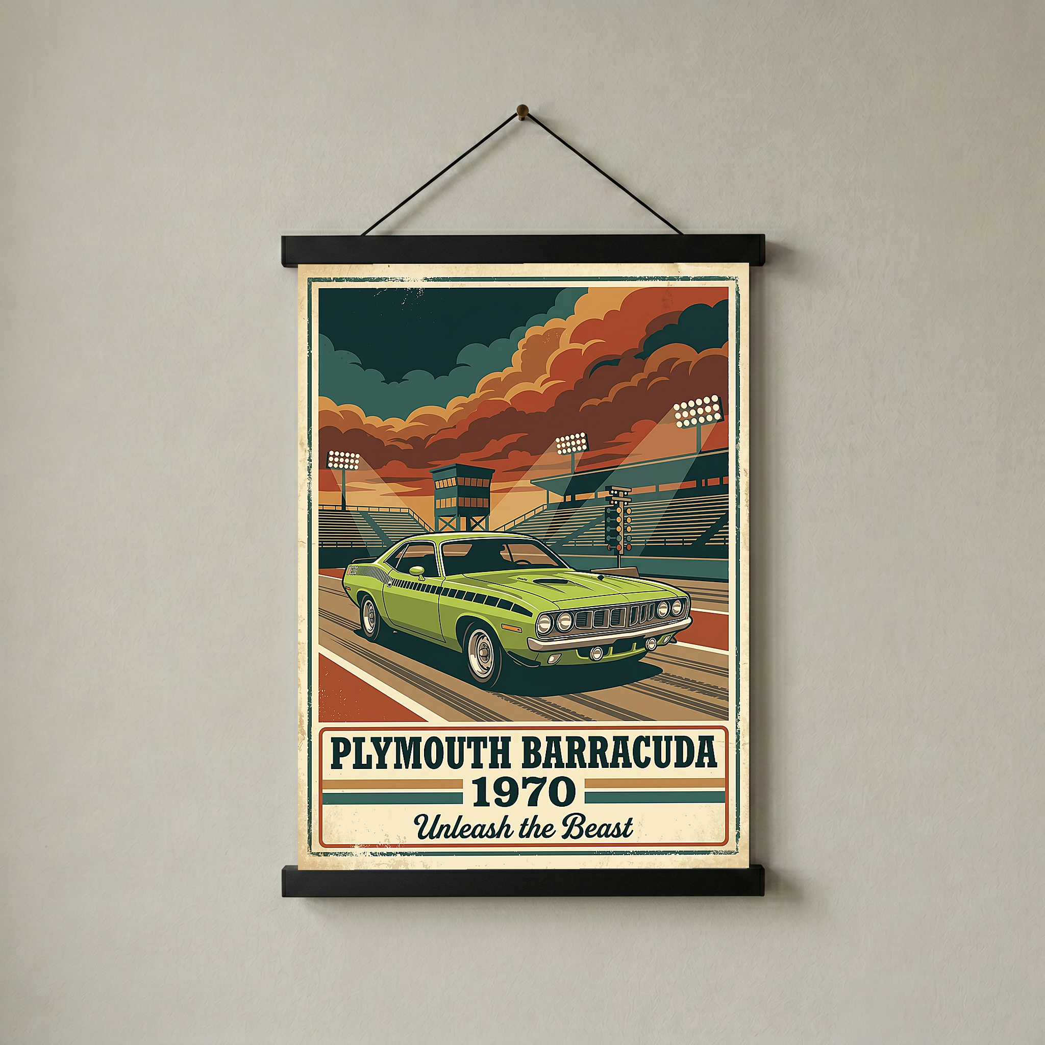 Plymouth Barracuda 1970 Poster — Vintage Muscle Car Race Track Print