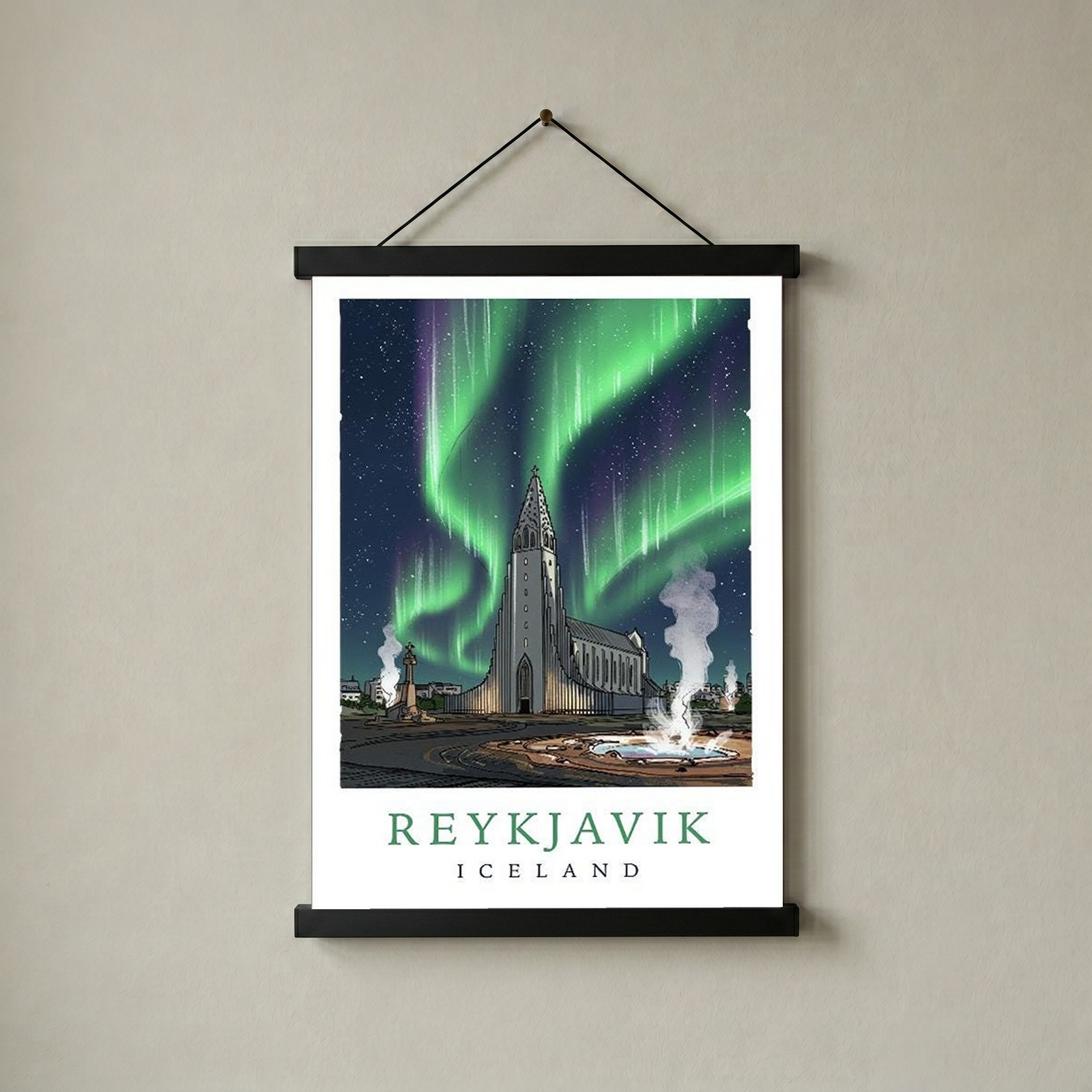 Reykjavik Iceland Travel Poster — Hallgrímskirkja Northern Lights Print