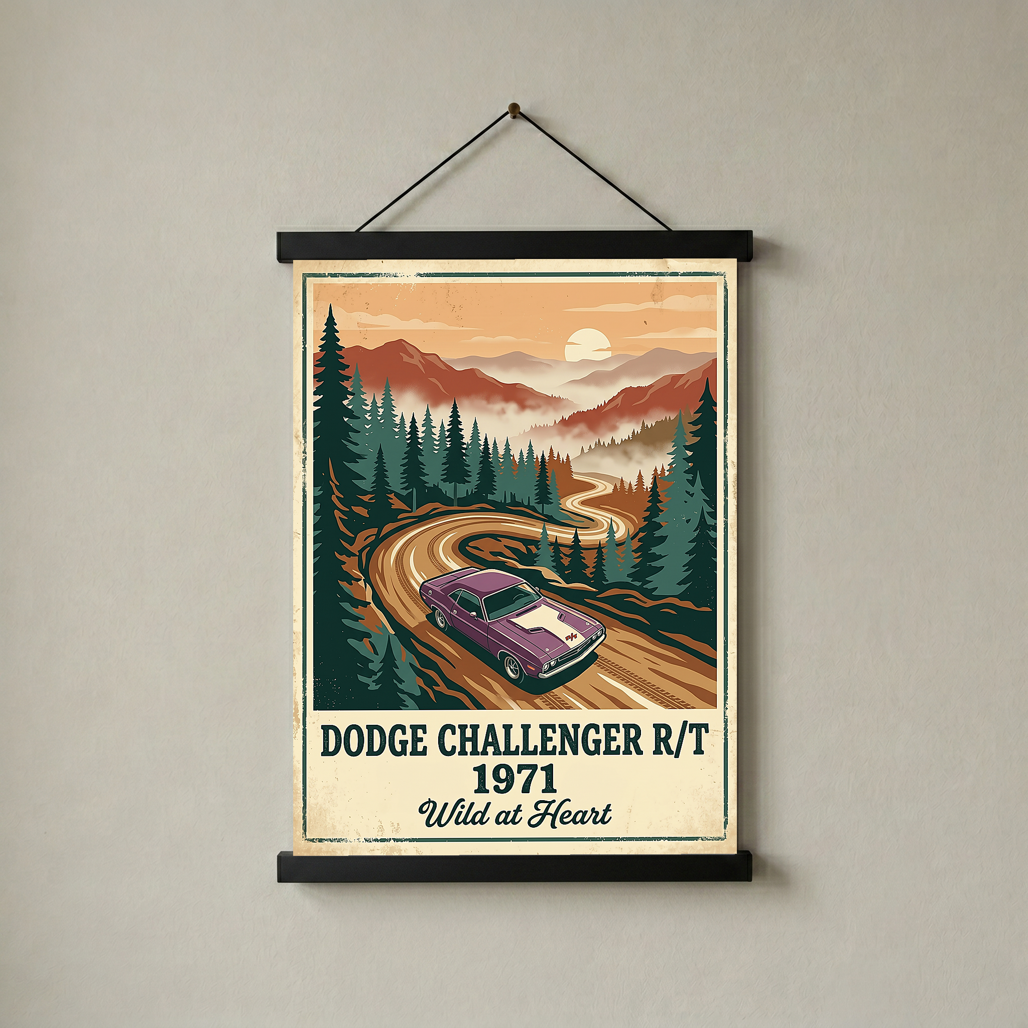 Dodge Challenger R/T 1971 V2 Poster — Vintage Muscle Misty Pine Mountain Print