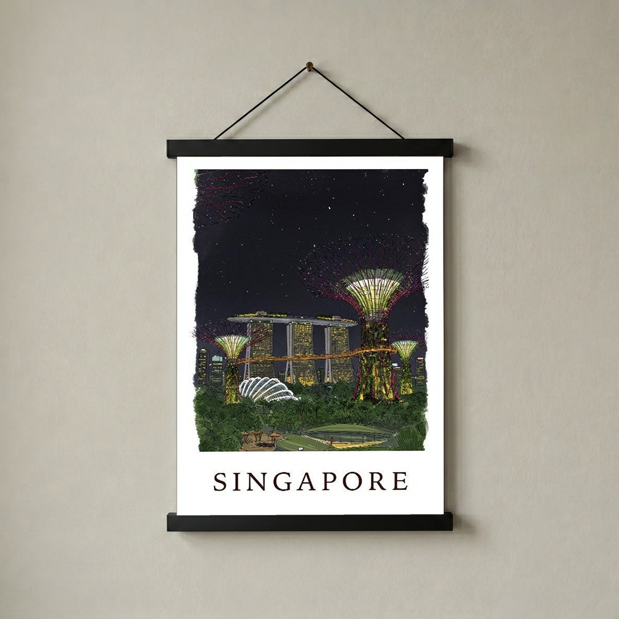 Singapore Travel Poster — Gardens by the Bay Marina Night Print