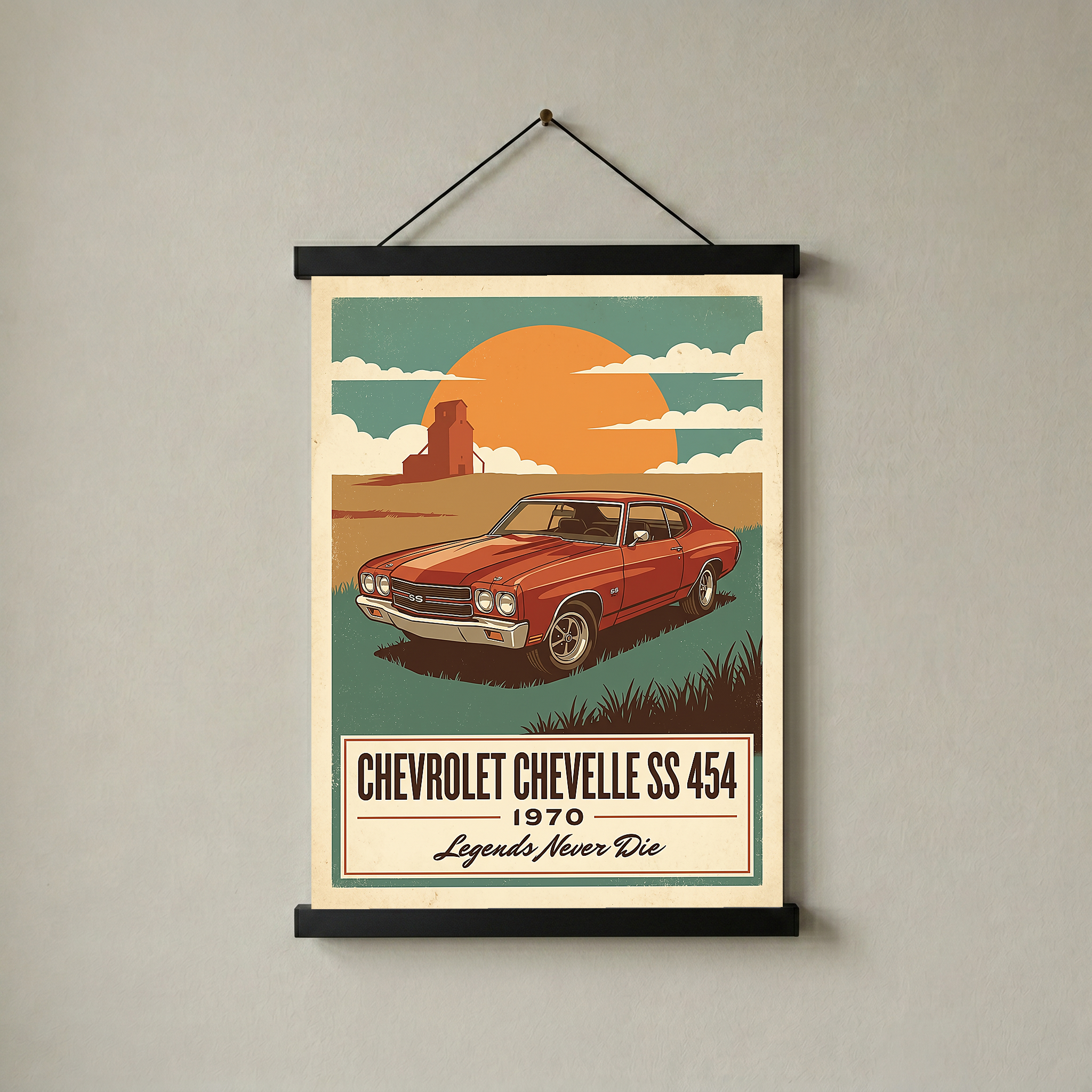 Chevrolet Chevelle SS 454 1970 V8 Sunset Silo Poster — Vintage Muscle Heartland Print