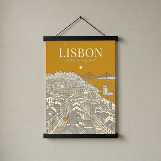 Lisbon Line Art Print — Mustard Yellow Tram Belém Tower Skyline Wall Art