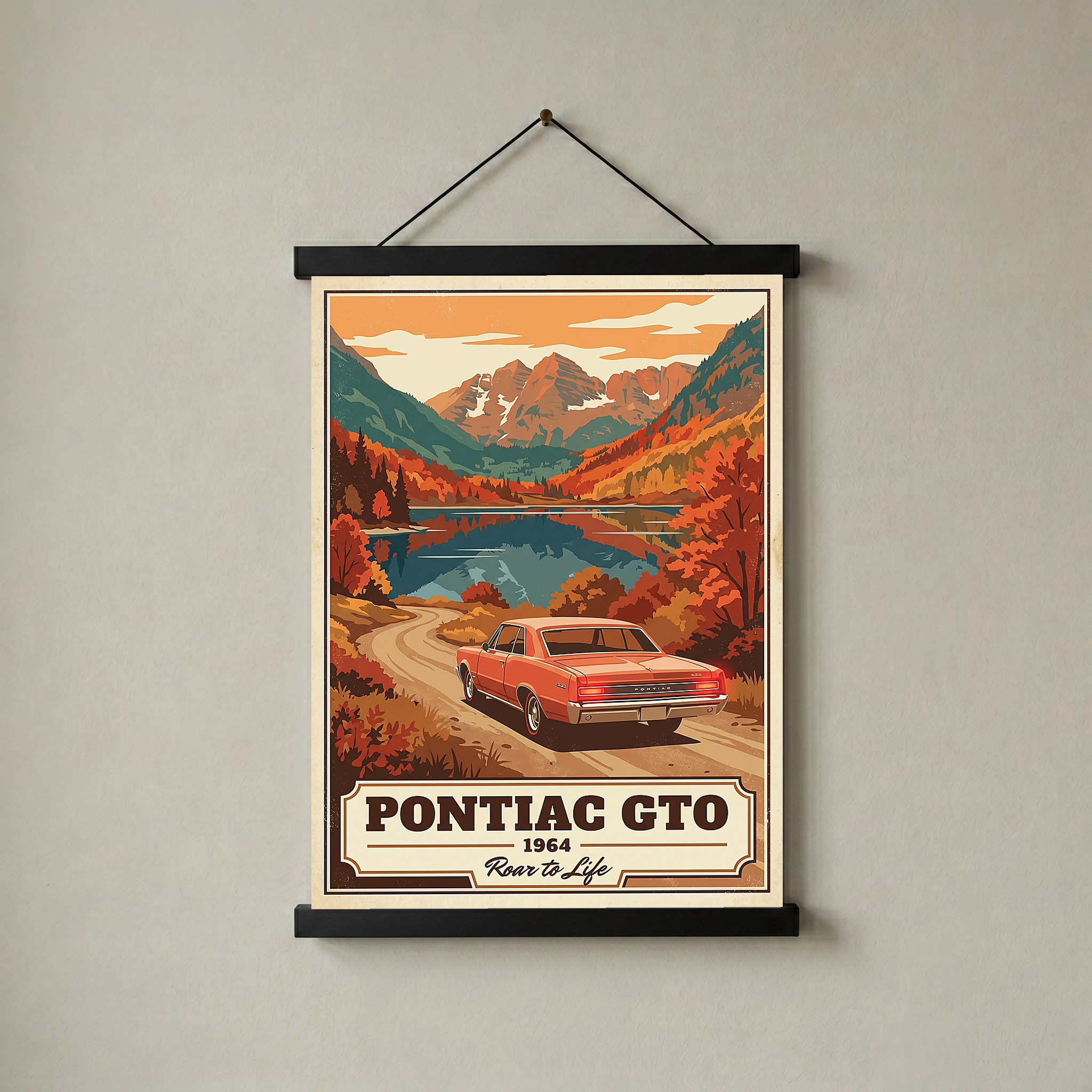 Pontiac GTO 1964 V4 Poster — Vintage Muscle Autumn Mountain Lake Print
