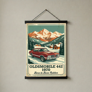 Oldsmobile 442 1970 V2 Poster — Vintage Muscle Winter Alpine Village Print