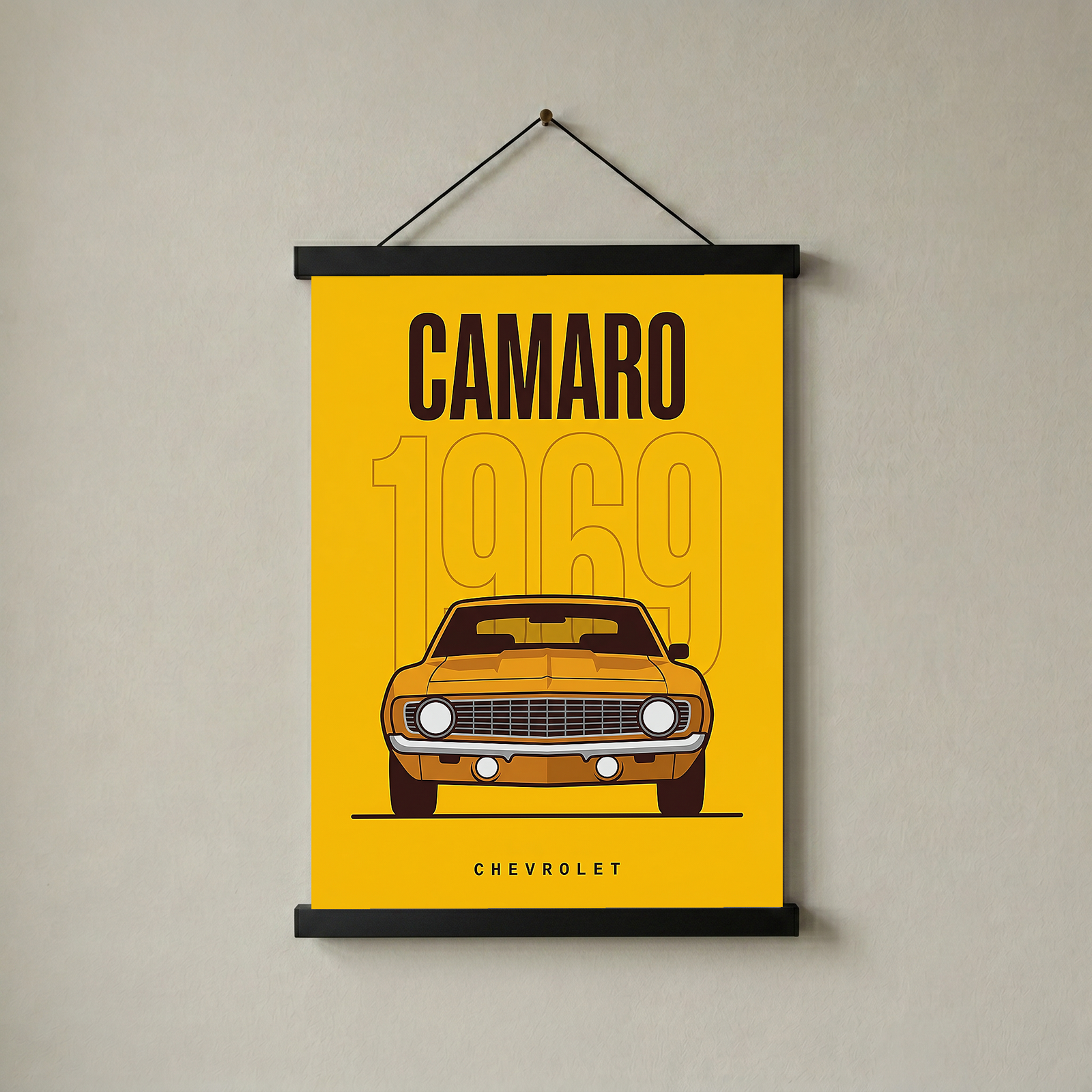 Chevrolet Camaro 1969 V2 Yellow Minimalist Poster — Muscle Car Line Art