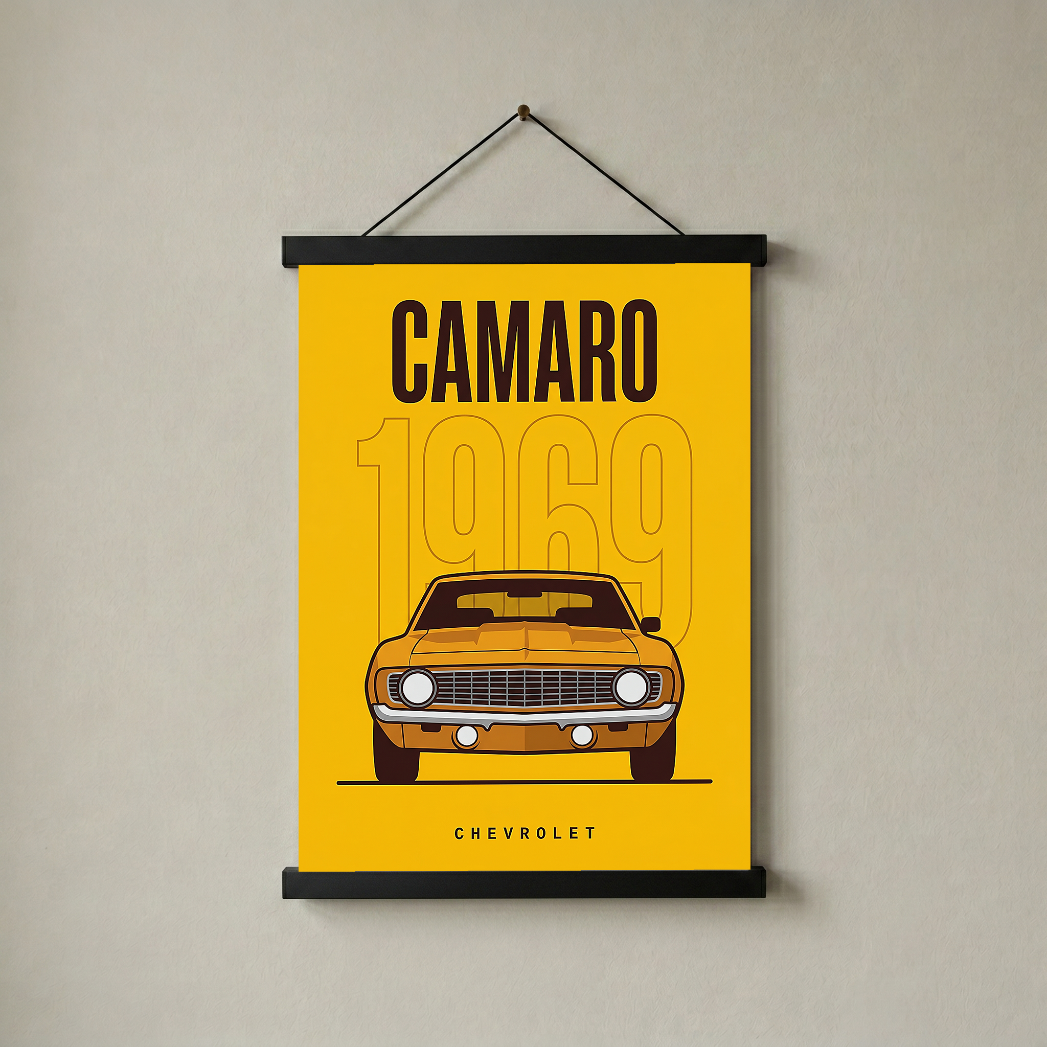 Chevrolet Camaro 1969 V2 Yellow Minimalist Poster — Muscle Car Line Art
