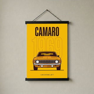 Chevrolet Camaro 1969 V2 Yellow Minimalist Poster — Muscle Car Line Art