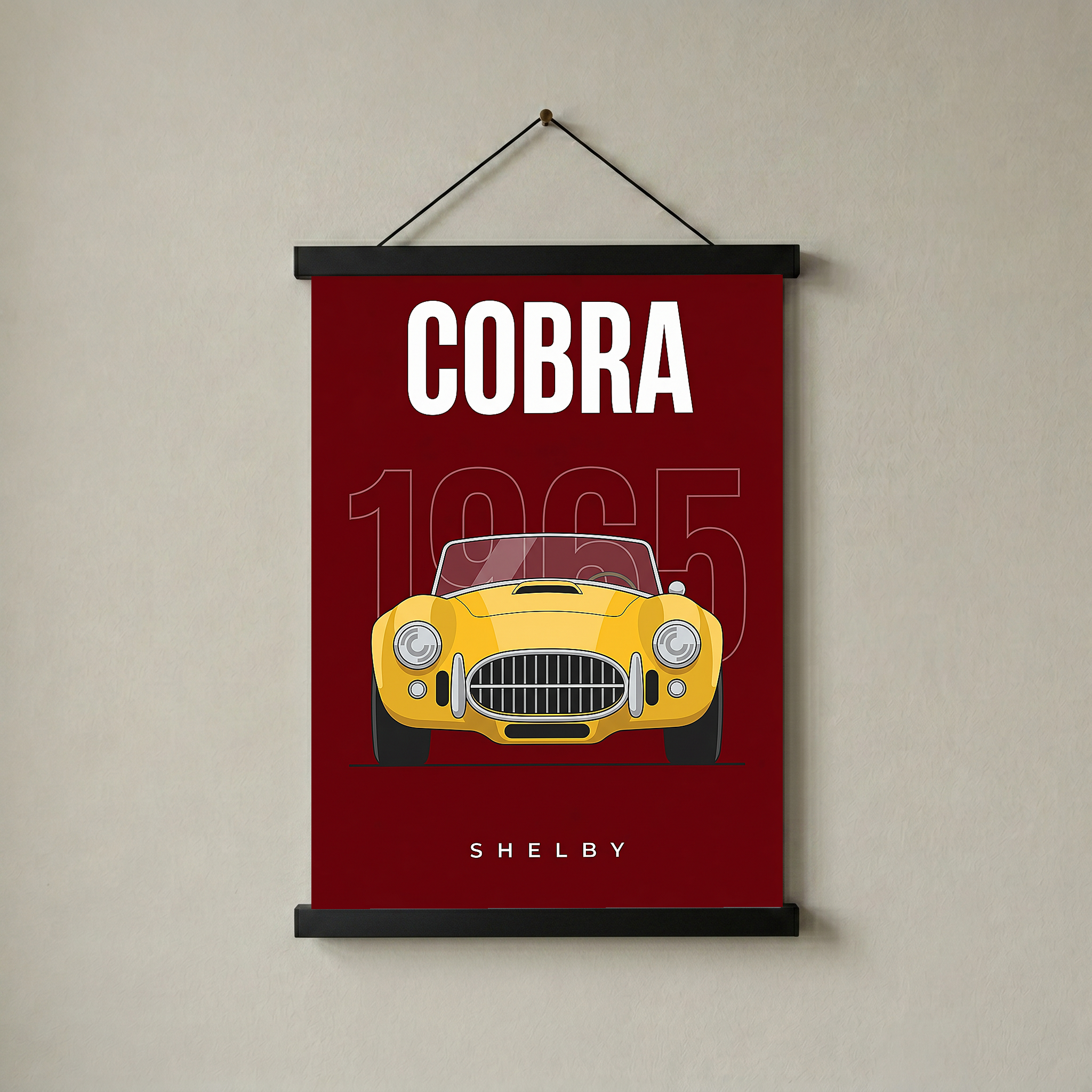 Shelby Cobra 1965 Minimalist Poster — Burgundy Roadster Line Art