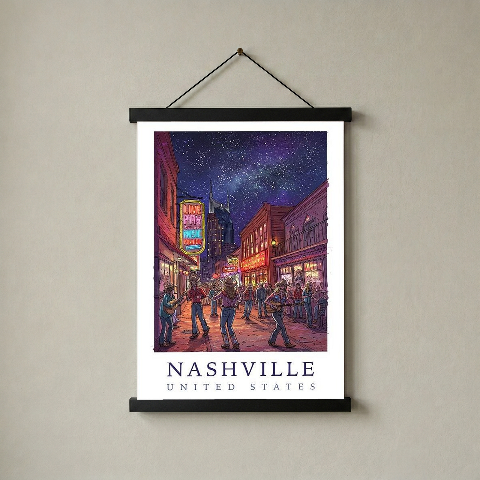 Nashville Travel Poster — Music City Broadway Honky Tonks Night Print