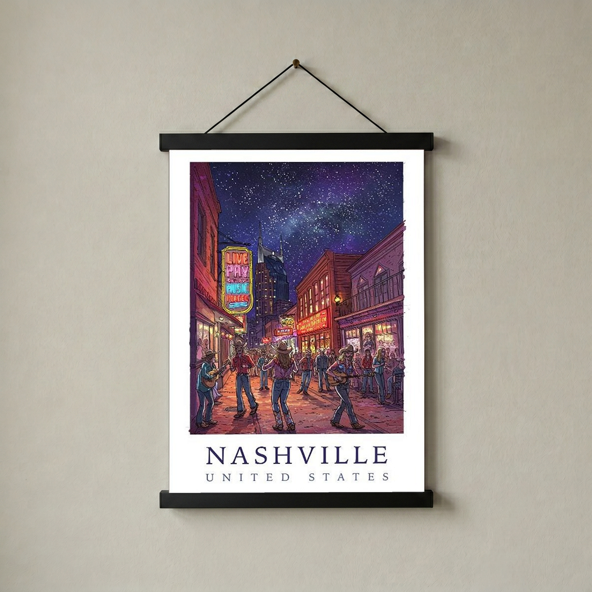Nashville Travel Poster — Music City Broadway Honky Tonks Night Print