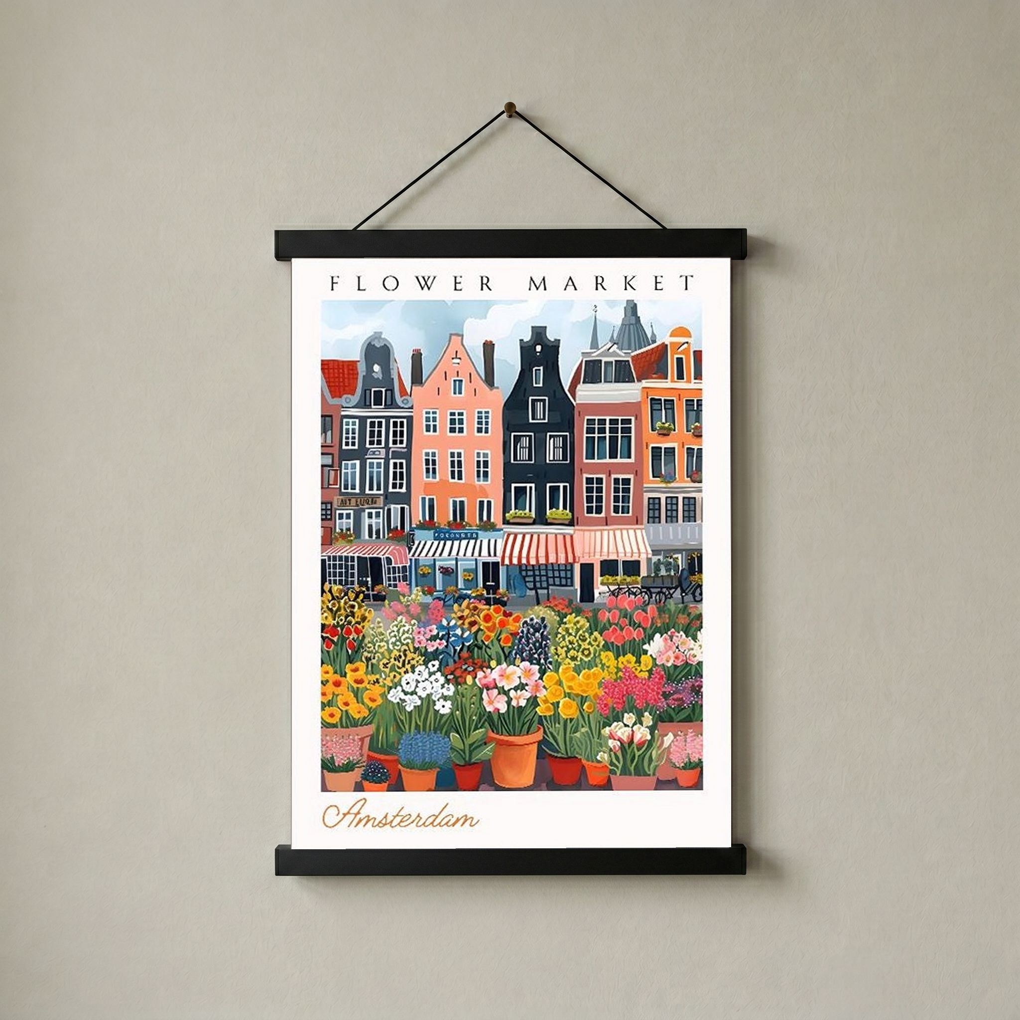 Amsterdam Flower Market Print — Canal Houses Tulip Cityscape Art