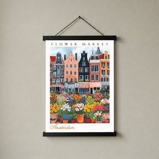 Amsterdam Flower Market Print — Canal Houses Tulip Cityscape Art